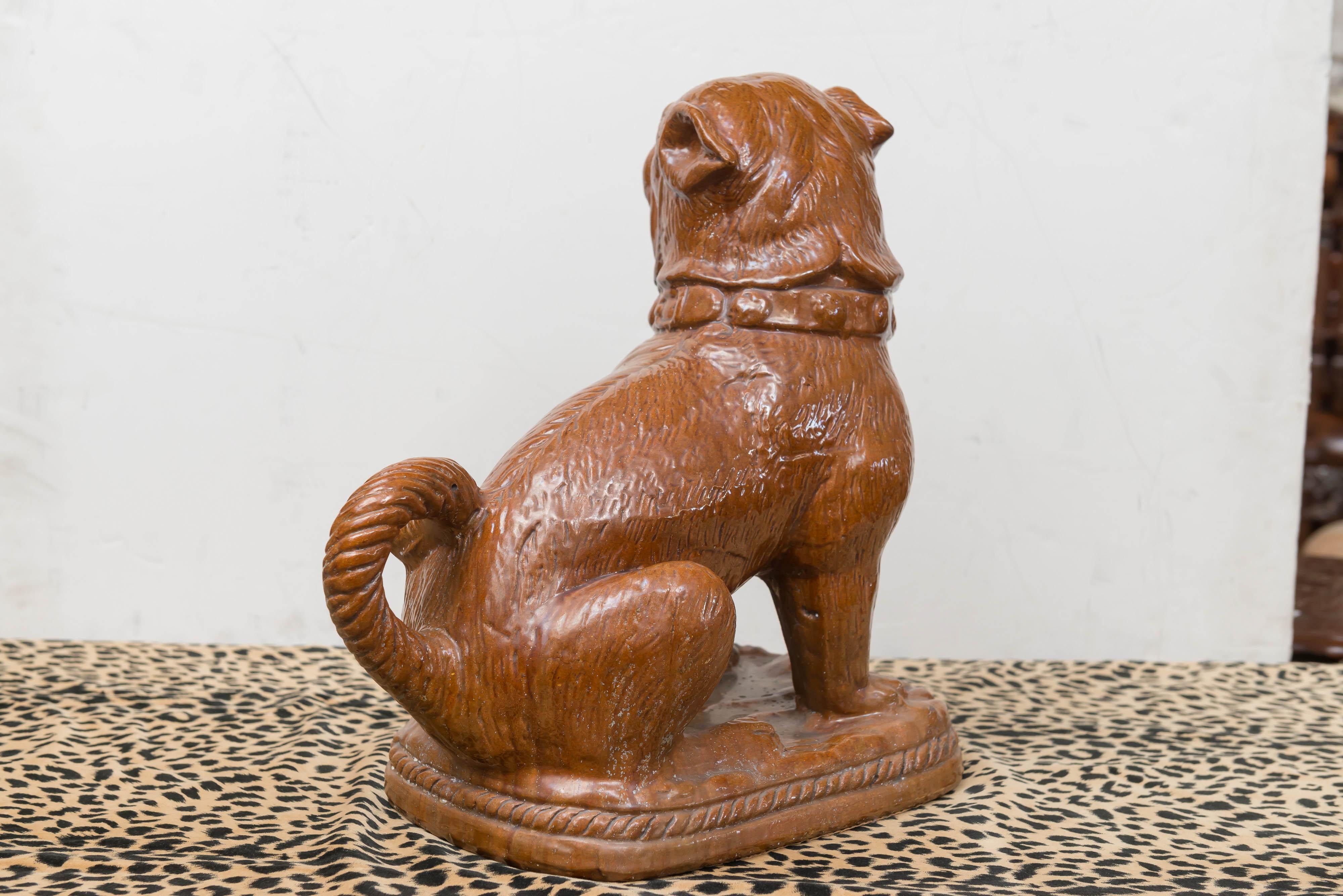 Hand-Crafted Late 19th Century German Pug Dog, Heavy Terracotta with Brown Carmel Color Glaze For Sale