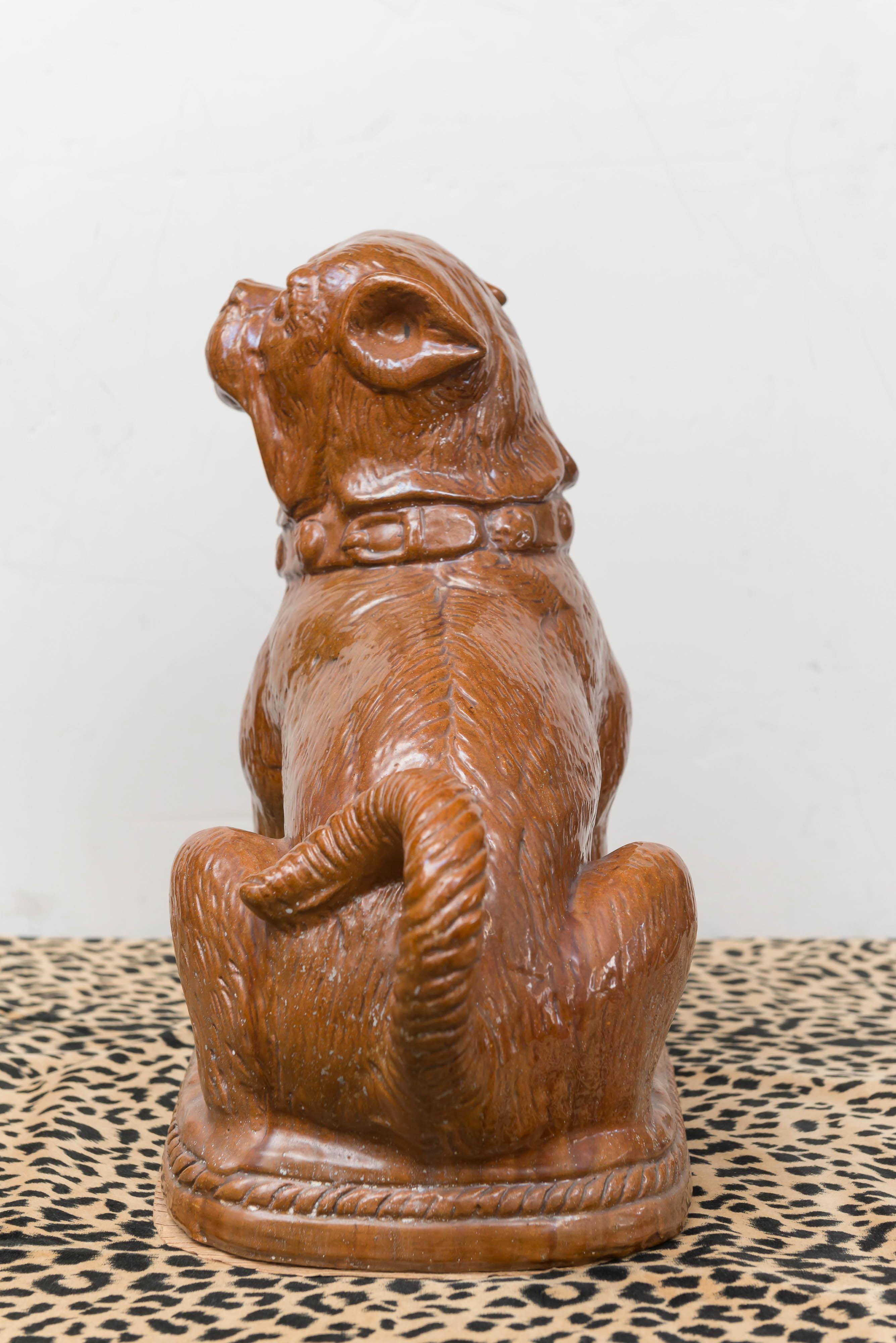 Late 19th Century German Pug Dog, Heavy Terracotta with Brown Carmel Color Glaze In Good Condition For Sale In San Francisco, CA