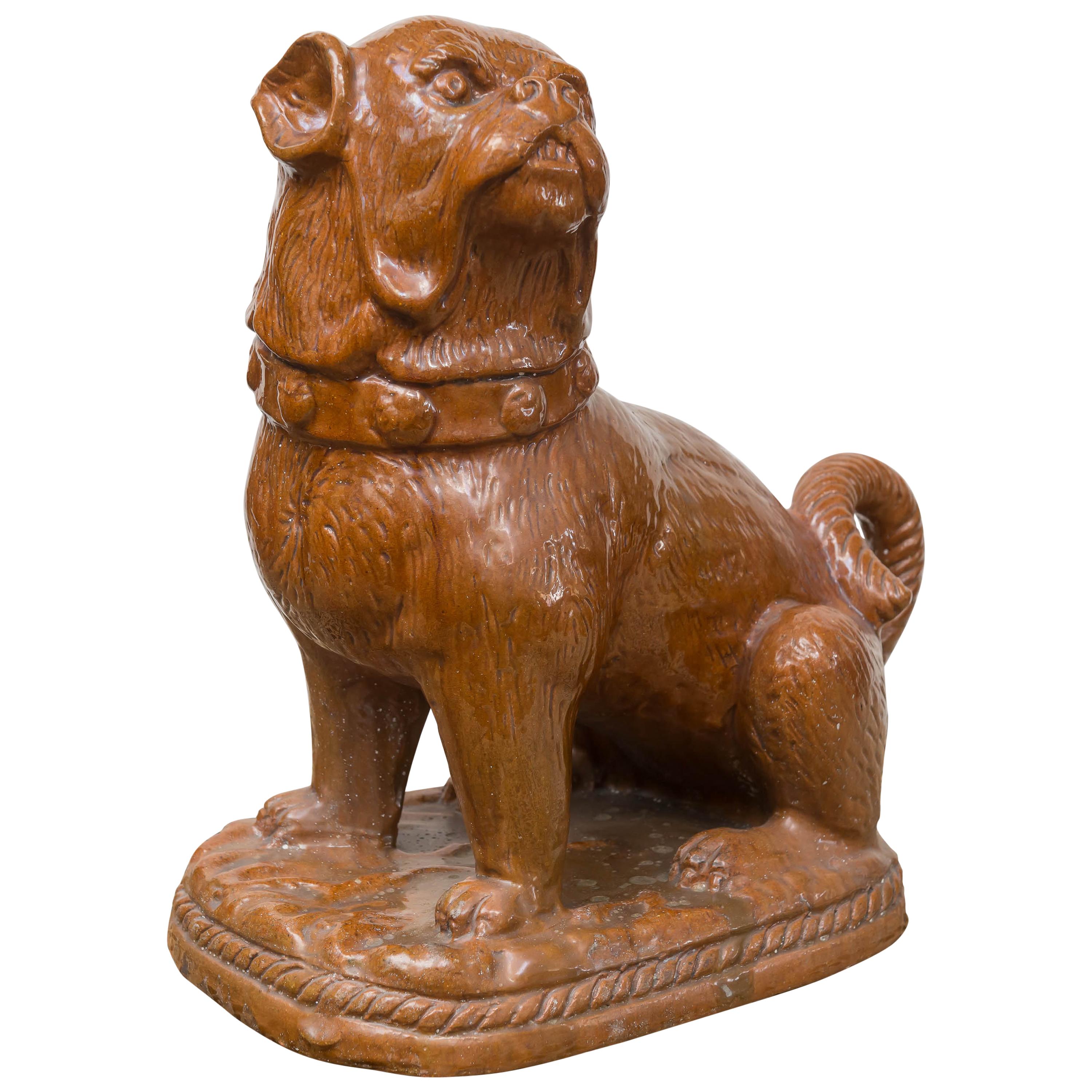 Late 19th Century German Pug Dog, Heavy Terracotta with Brown Carmel Color Glaze