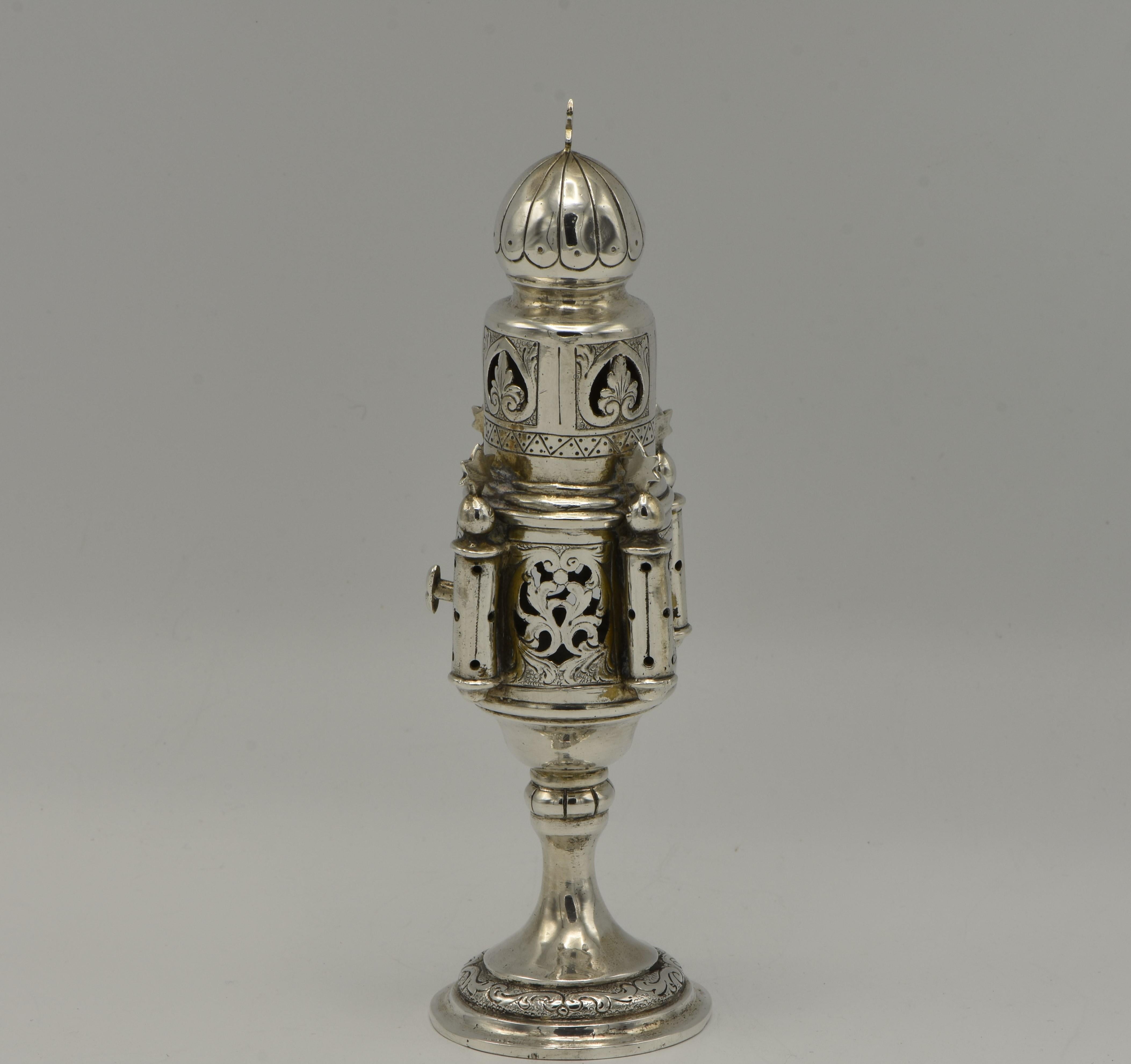 Silver spice tower, cast, pierced, and engraved, Germany, circa 1890.
Rare model. Its design imitates 19th century European synagogue built in the style of Moorish Revival.

Every item in Menorah Galleries is accompanied by a Lifetime Certificate of