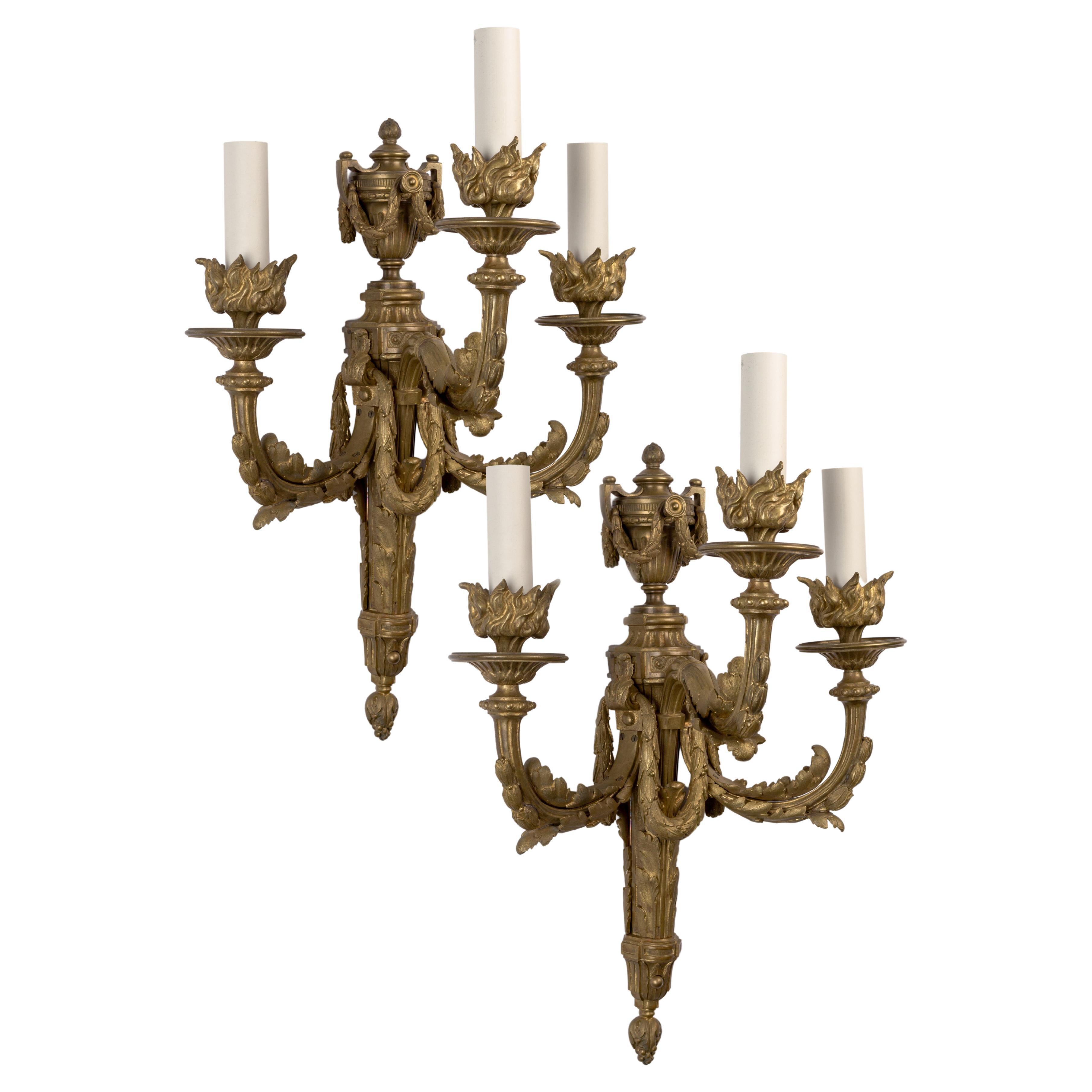 Pair of Late 19th Century Gilded Neoclassical Cast Bronze Sconces, Circa 1890 For Sale