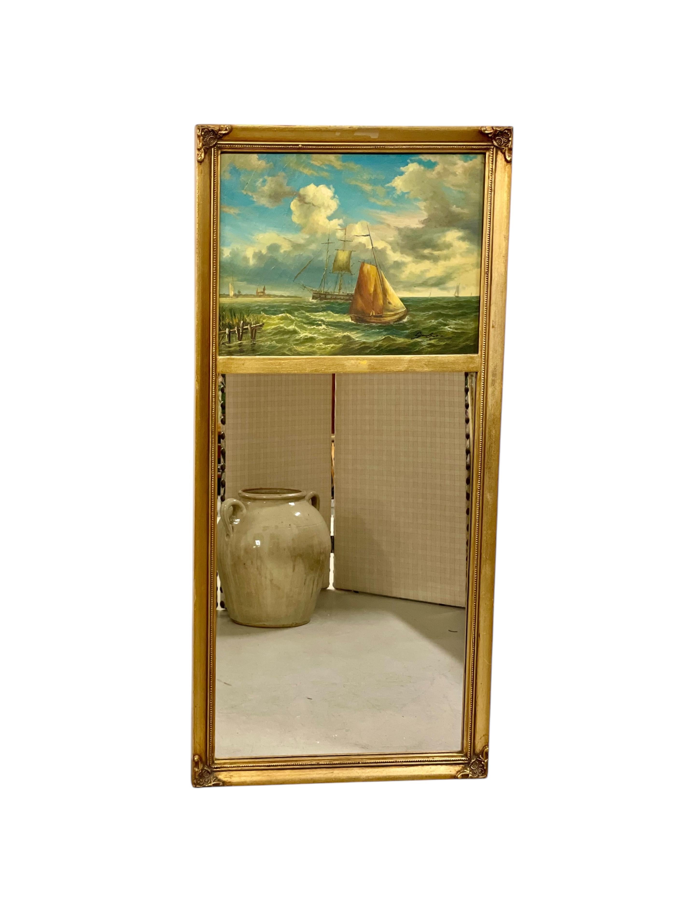 Specchio Trumeau dorato del XIX secolo con pittura marittima in vendita 5