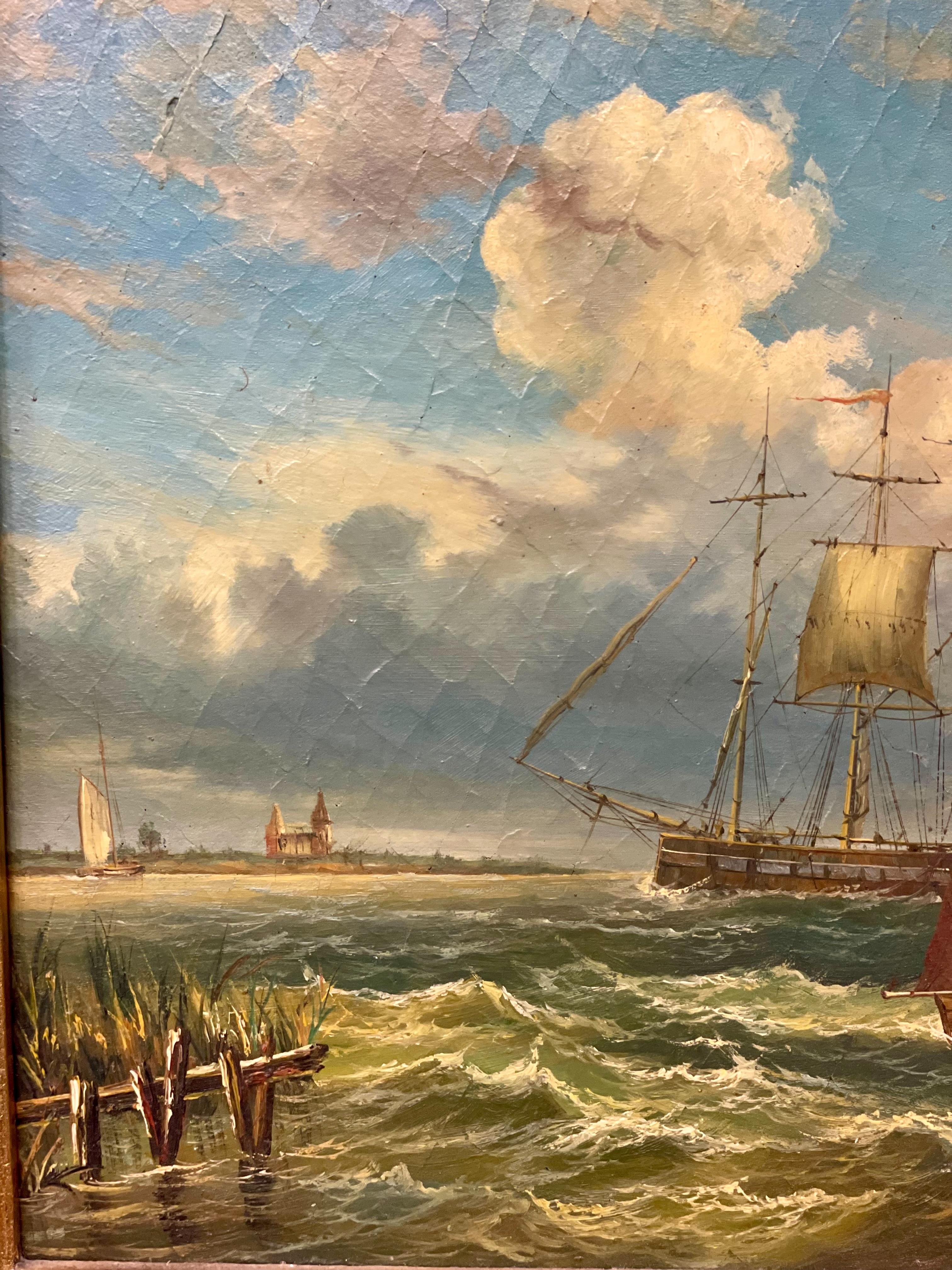 Francese Specchio Trumeau dorato del XIX secolo con pittura marittima in vendita