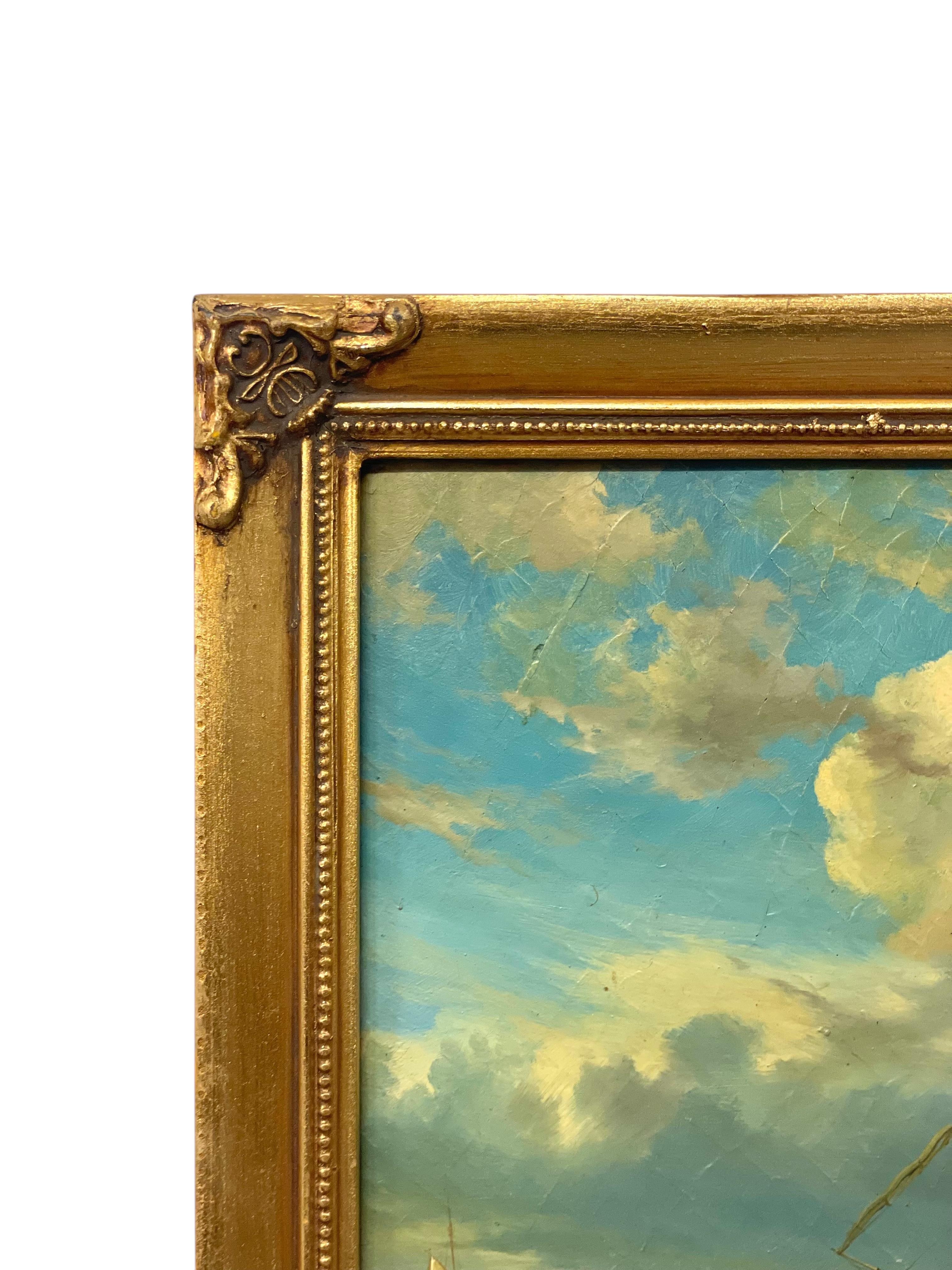 Dipinto a mano Specchio Trumeau dorato del XIX secolo con pittura marittima in vendita