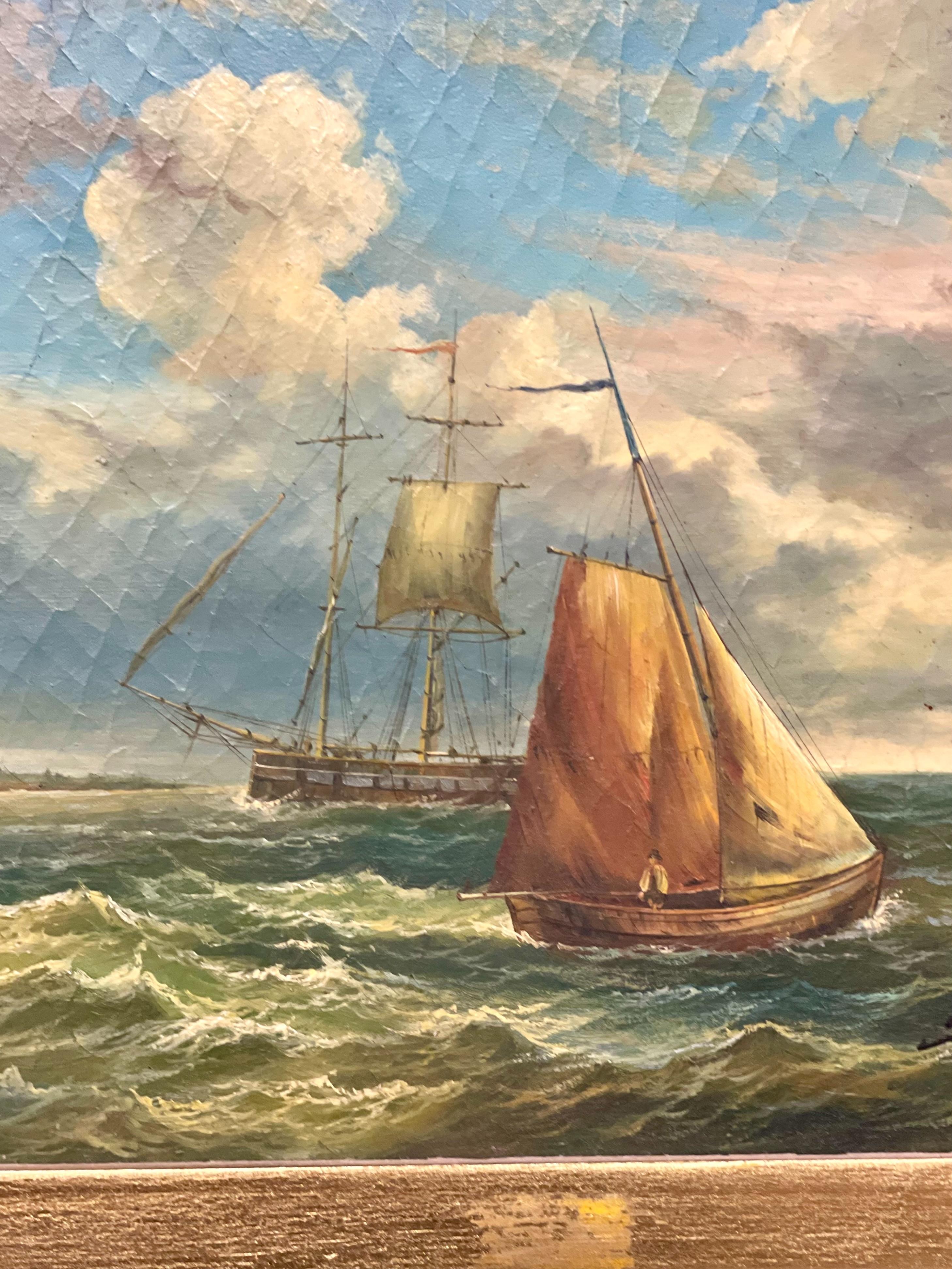 Specchio Trumeau dorato del XIX secolo con pittura marittima In condizioni buone in vendita a LA CIOTAT, FR