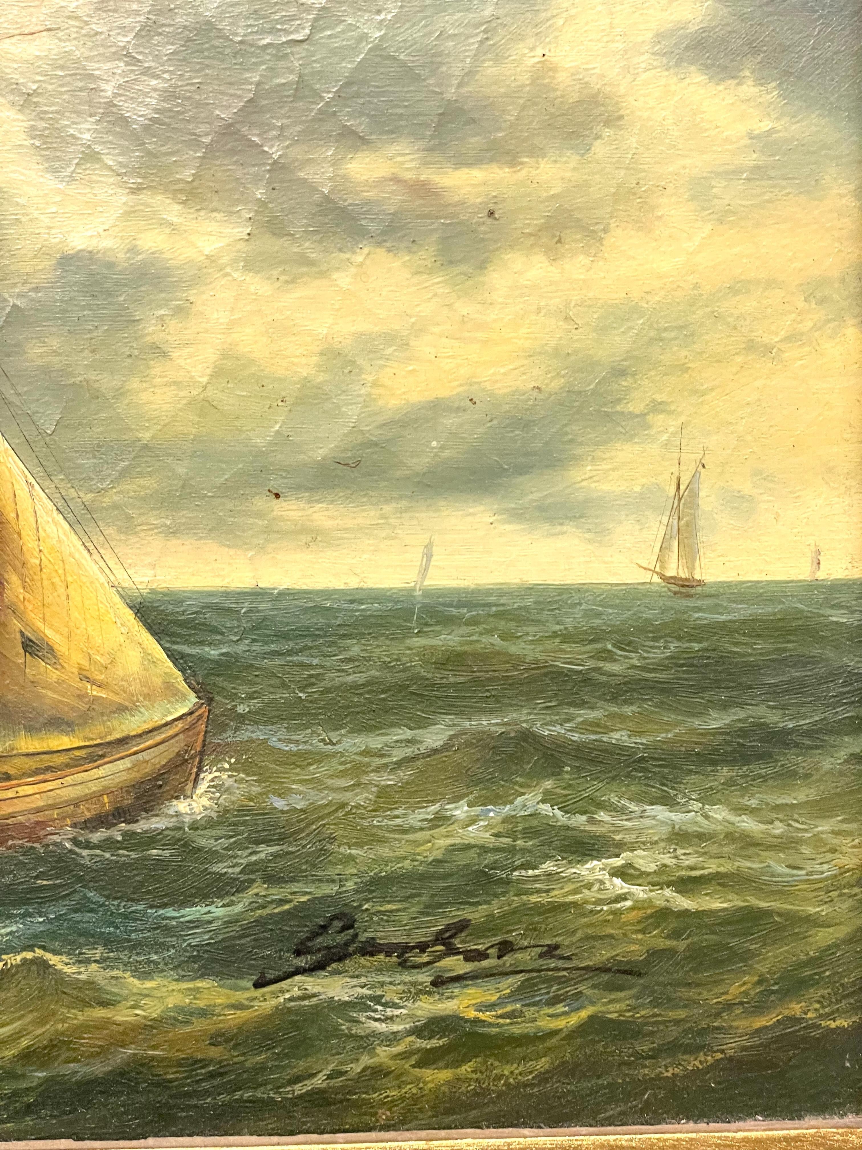 Specchio Trumeau dorato del XIX secolo con pittura marittima in vendita 2