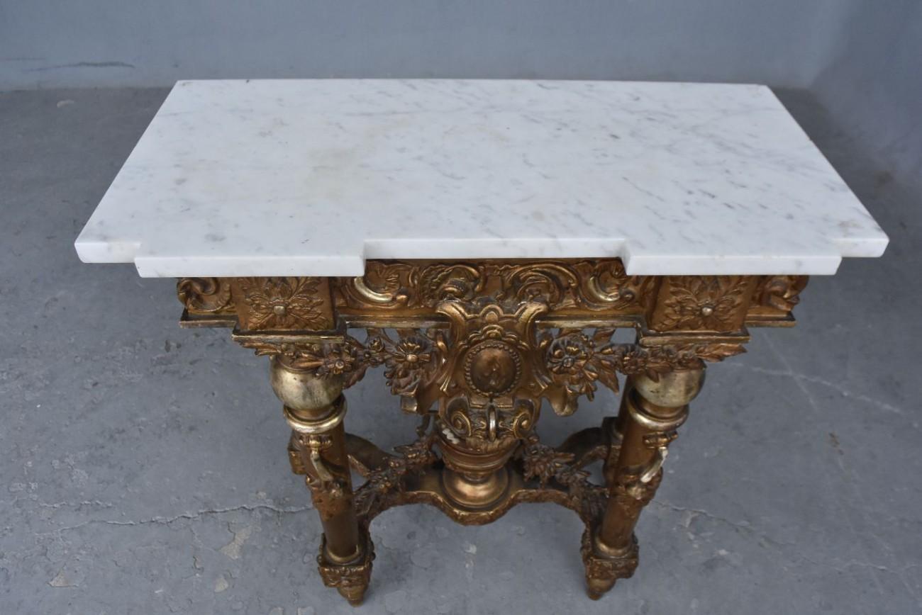 Portuguese Late 19th Century Gilded Wood and Stucco Marble-Top Console For Sale