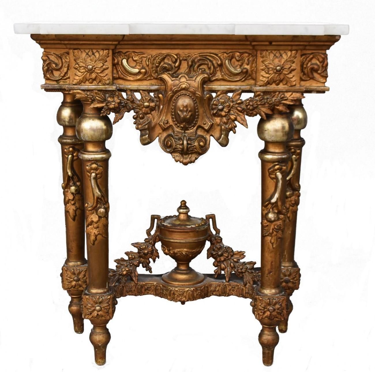 Late 19th Century Gilded Wood and Stucco Marble-Top Console For Sale