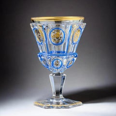 Late 19th Century Gilt and Blue Enamel Art Glass Goblet, Hand Decorated, 6.1 in