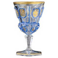 Late 19th Century Gilt and Blue Enamel Art Glass Goblet, Hand Decorated, 6.1 in