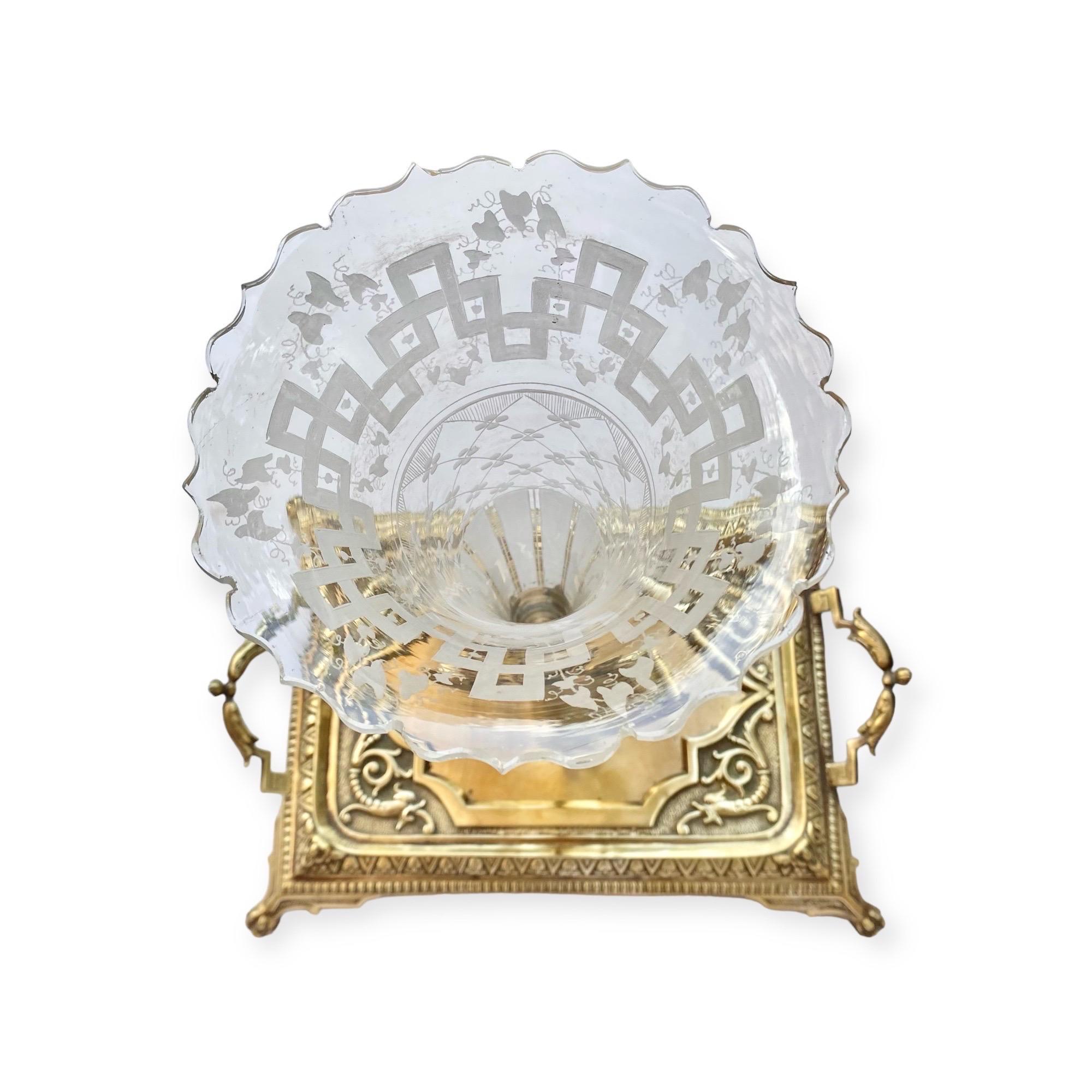  Late 19th Century Gilt Brass Card Tray  and Etched Crystal Centerpiece.      For Sale 6