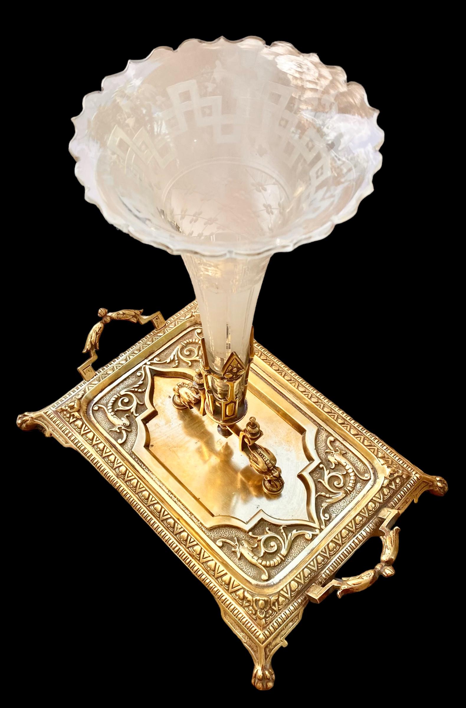  Late 19th Century Gilt Brass Card Tray  and Etched Crystal Centerpiece.      For Sale 10