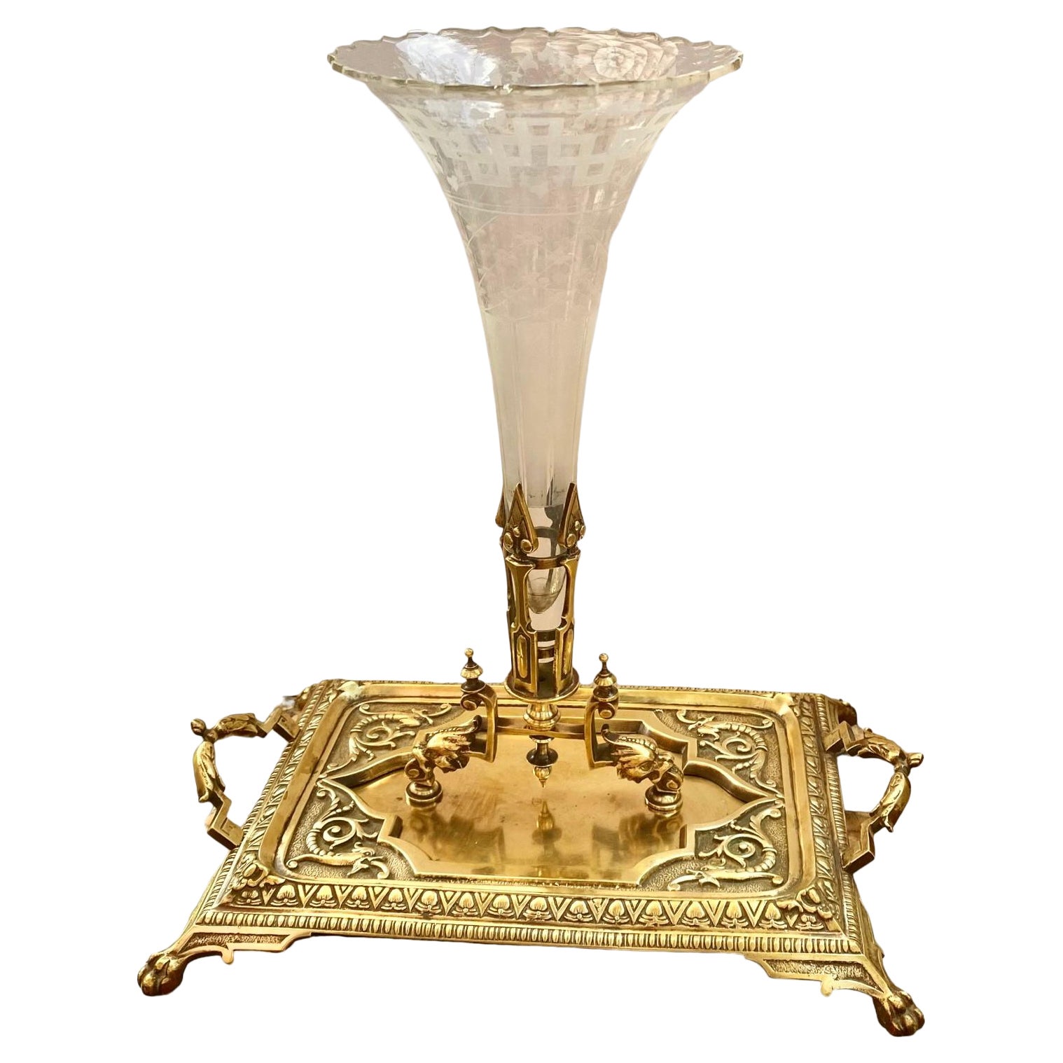 Late 19th Century Gilt Brass Card Tray  and Etched Crystal Centerpiece.