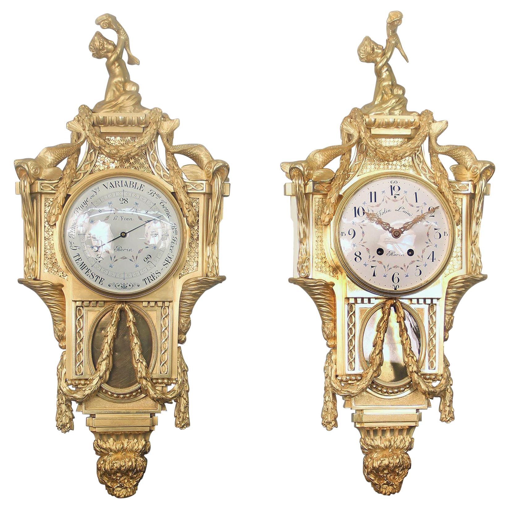 Late 19th Century Gilt Bronze Cartel Clock and Companion Barometer by Henry Vian