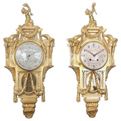 Antique Late 19th Century Gilt Bronze Cartel Clock and Companion Barometer by Henry Vian