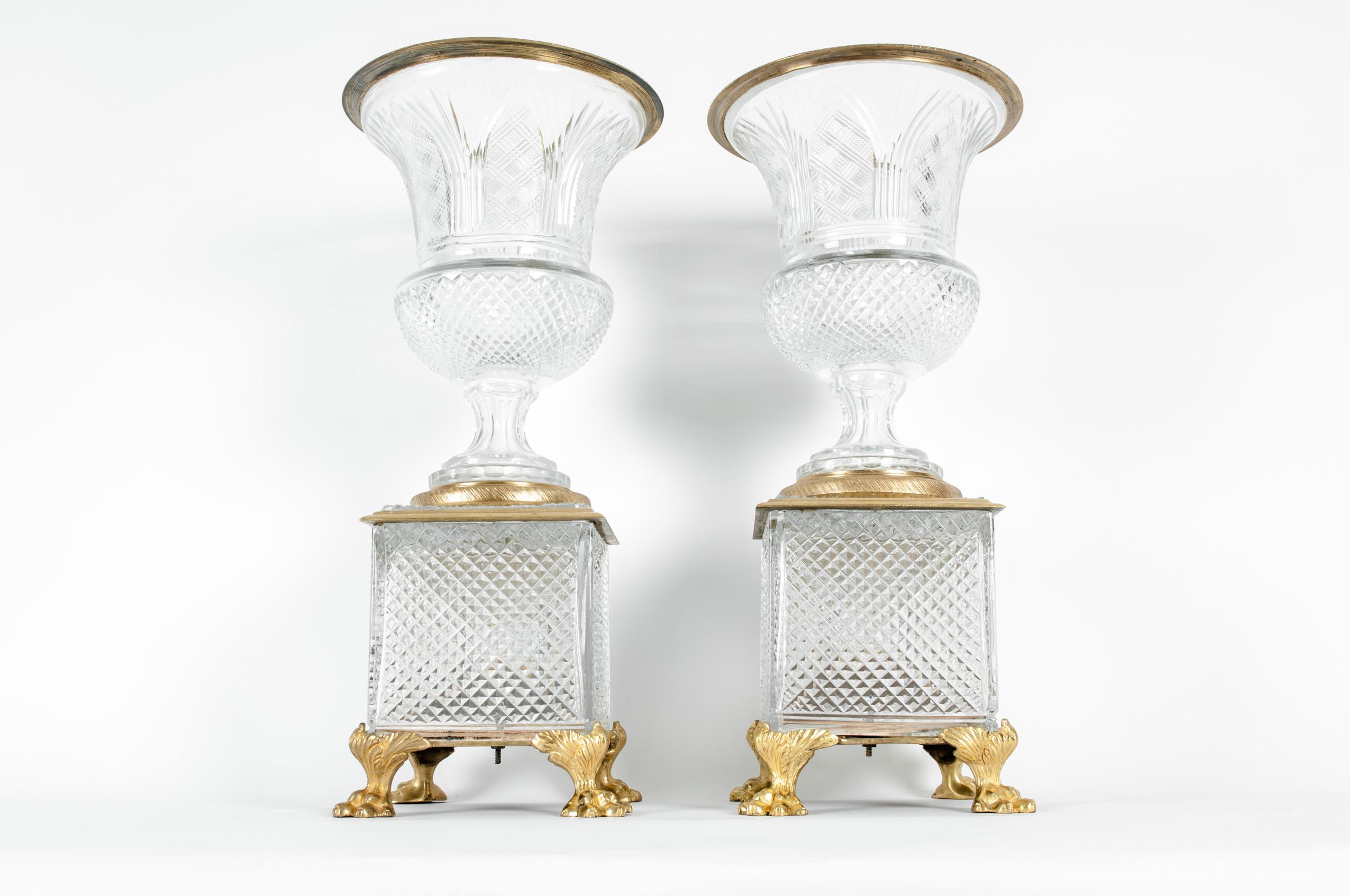 European Late 19th Century Gilt Bronze / Cut Glass Vases / Centerpieces