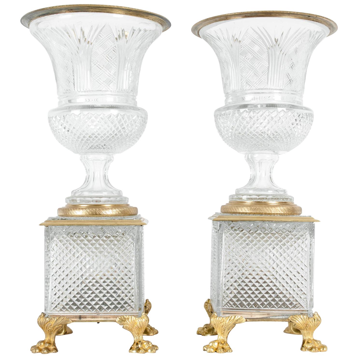 Late 19th Century Gilt Bronze / Cut Glass Vases / Centerpieces