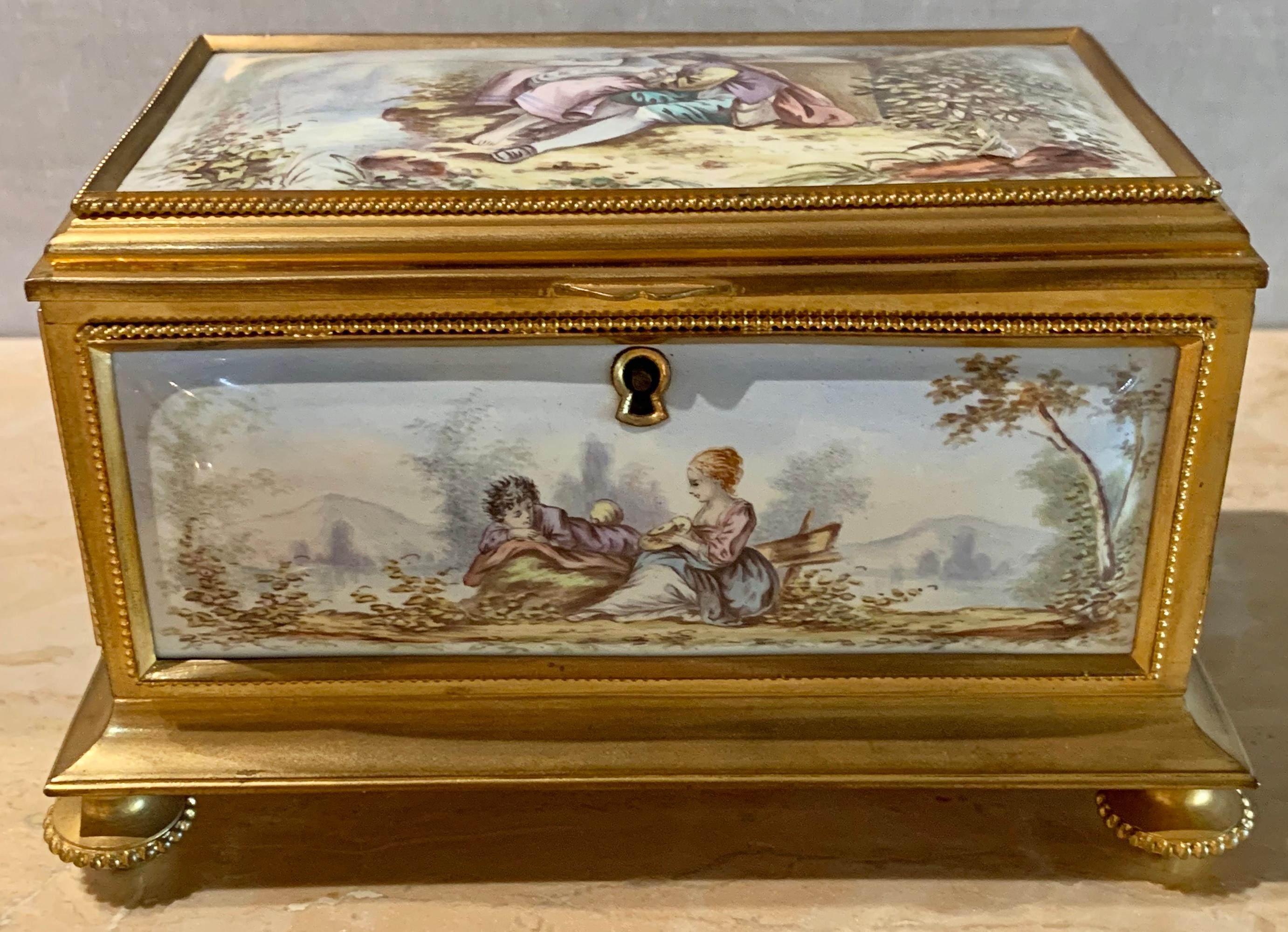 Late 19th Century Gilt Bronze Enameled Jewelry Casket Box Sevres Style In Good Condition In Stamford, CT