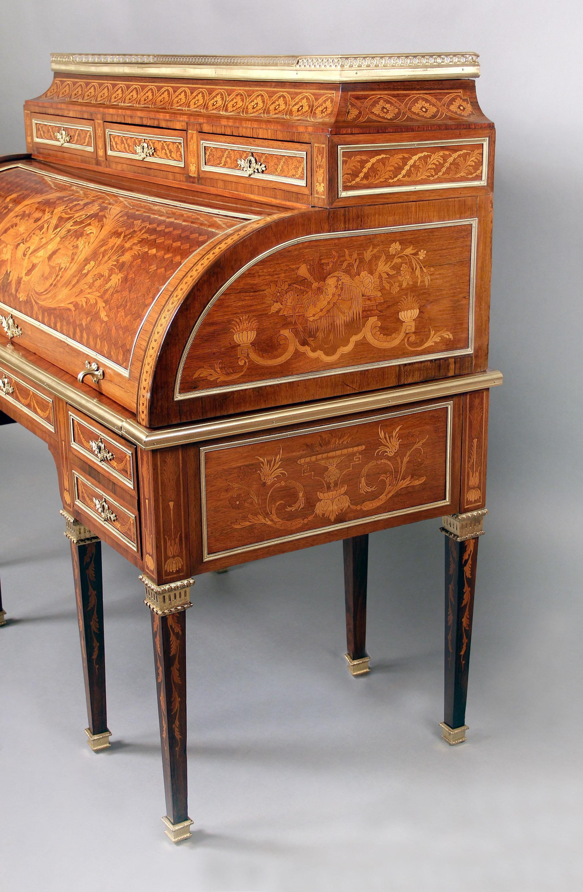 Late 19th Century Gilt Bronze Mounted Inlaid Marquetry Bureau a Cylindre In Good Condition For Sale In New York, NY