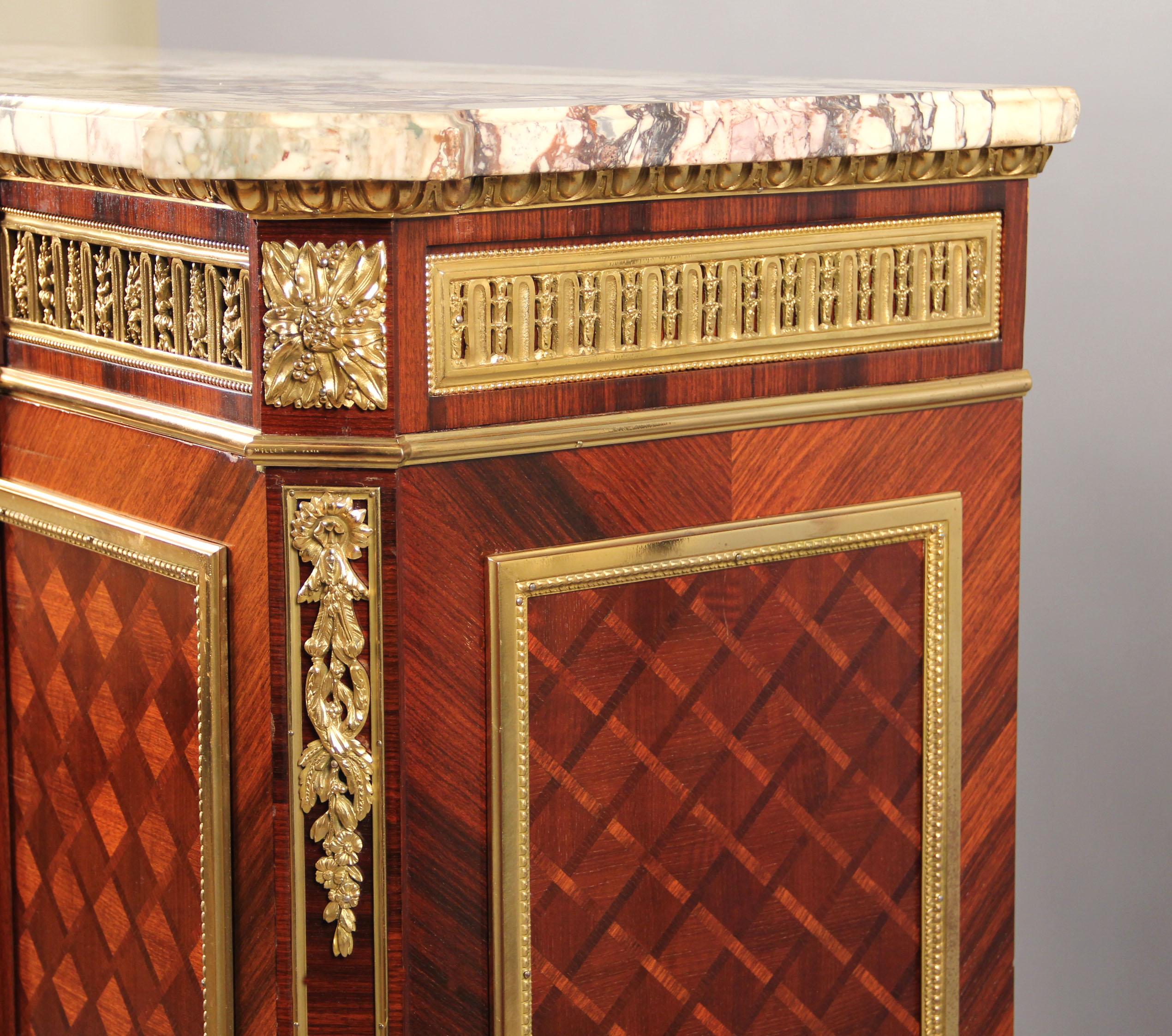 French Late 19th Century Gilt Bronze Mounted Marquetry and Parquetry Cabinet by Millet For Sale