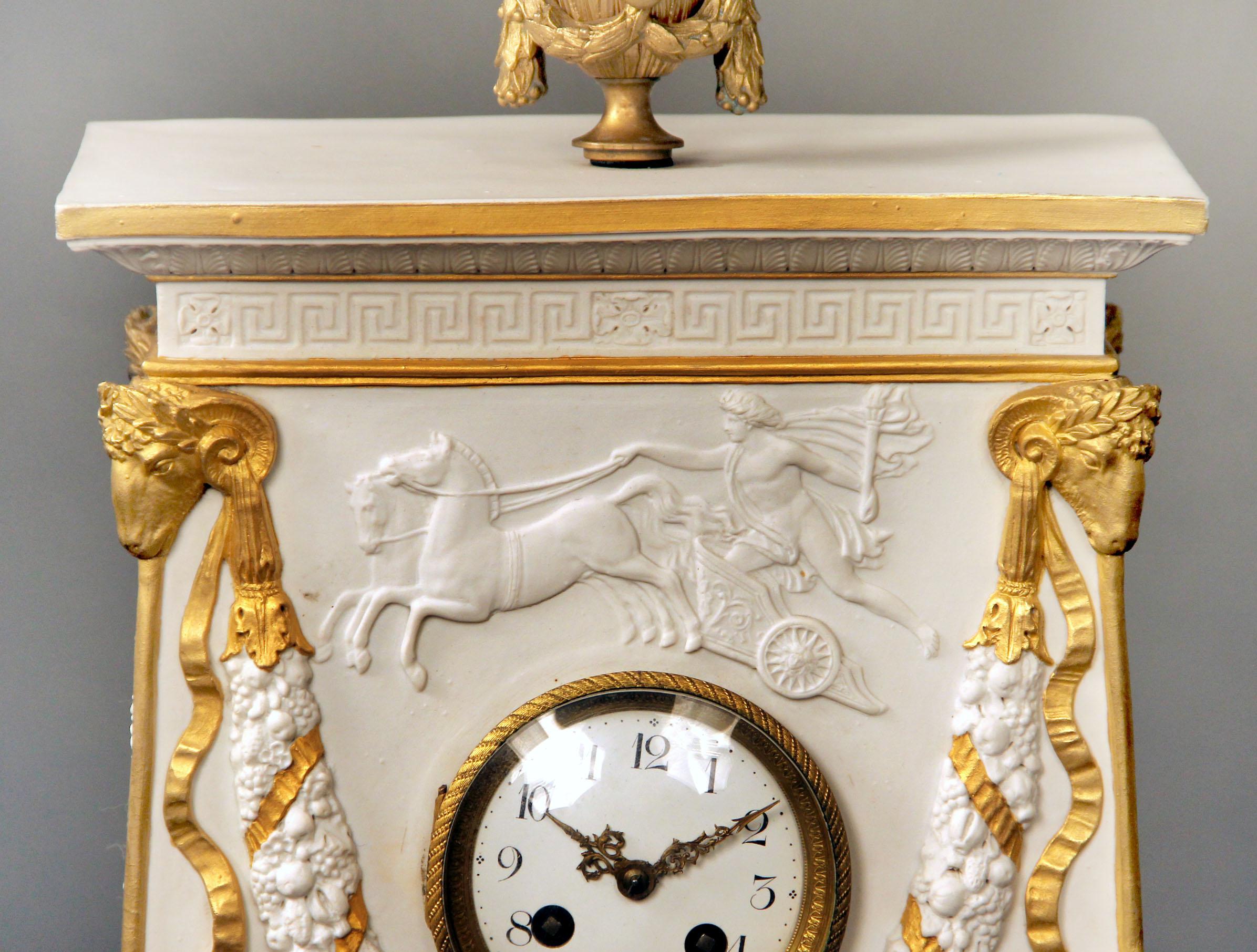 French Late 19th Century Gilt Bronze Mounted Parcel-Gilt and Biscuit Porcelain Clock For Sale