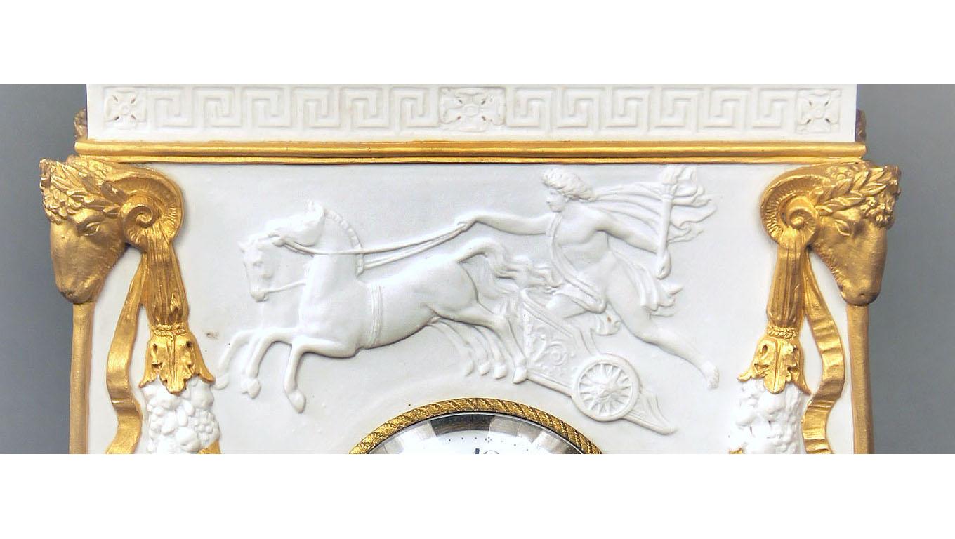 Late 19th Century Gilt Bronze Mounted Parcel-Gilt and Biscuit Porcelain Clock For Sale 2