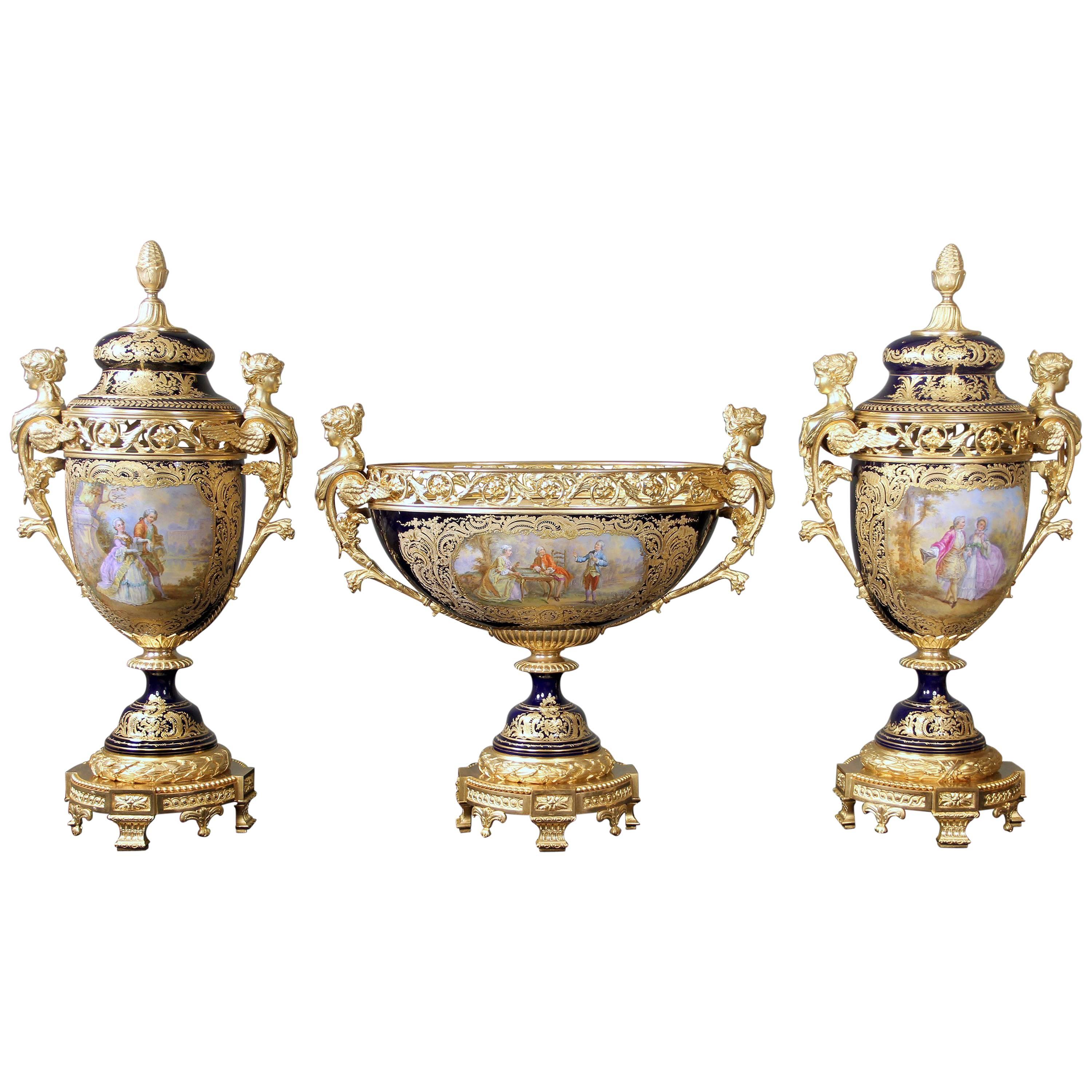 Late 19th Century Gilt Bronze Mounted Sèvres Style Porcelain Garniture