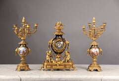 Late 19th Century Gilt Bronze Mounted Three Piece Sèvres Style Clock Set