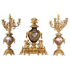 Late 19th Century Gilt Bronze Mounted Three Piece Sèvres Style Clock Set
