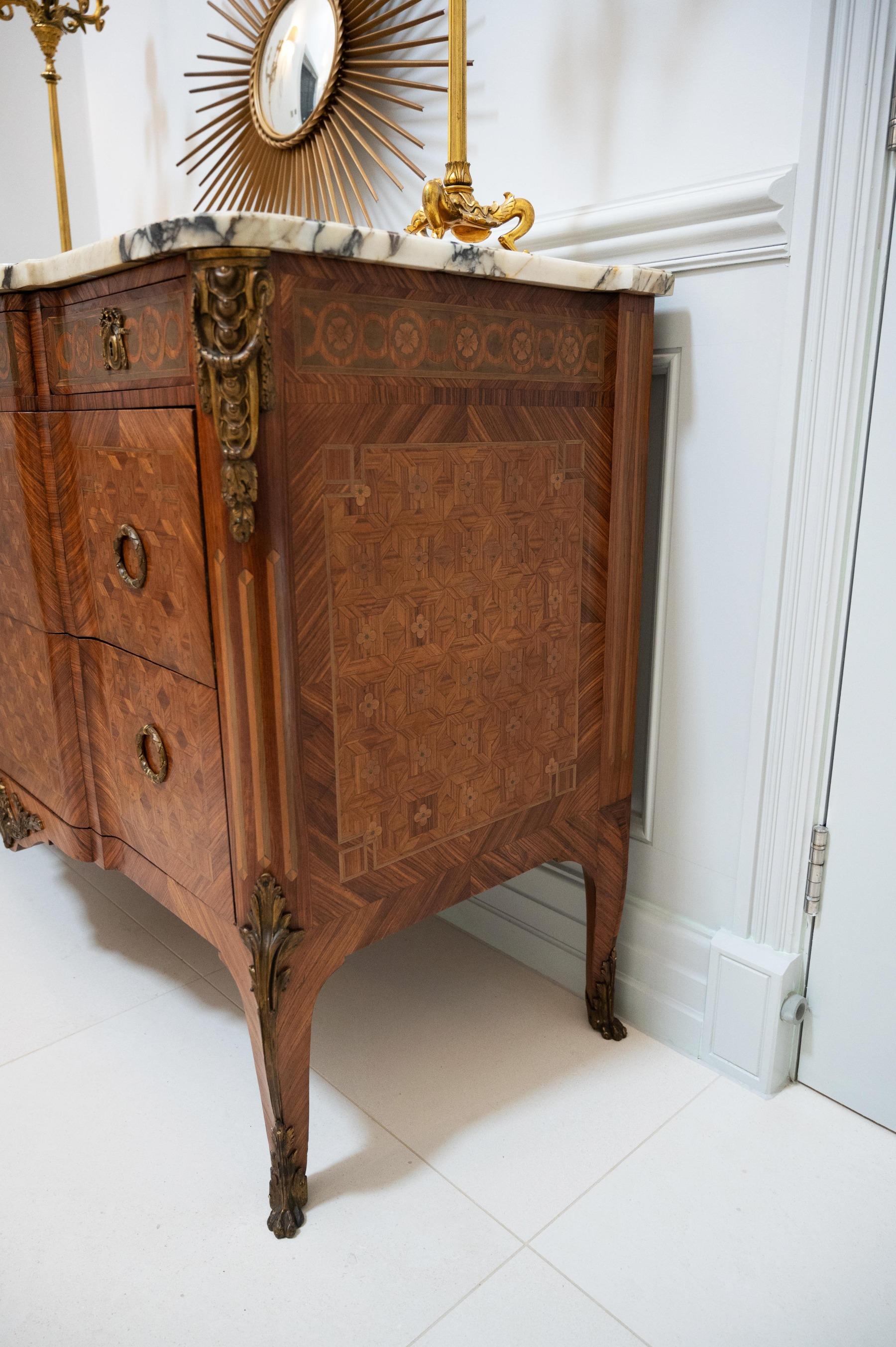 Late 19th Century Gilt Bronze Mounted Tulipwood and Kingwood Marble Topped Comm For Sale 6