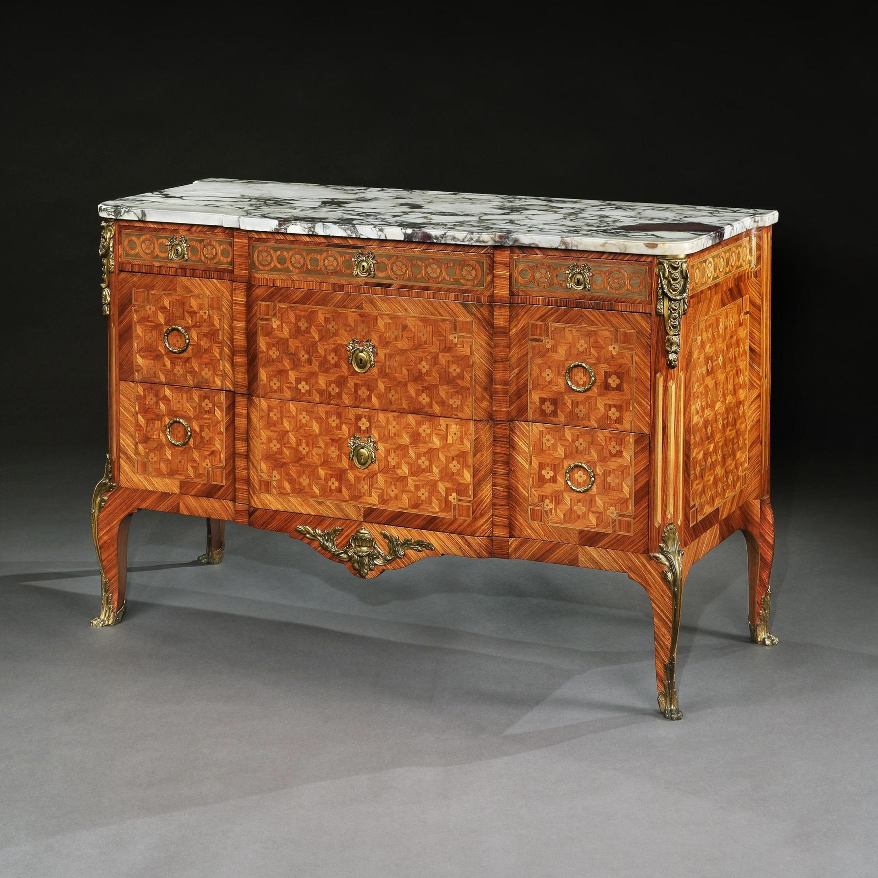 Late 19th Century Gilt Bronze Mounted Tulipwood and Kingwood Marble Topped Comm For Sale 1