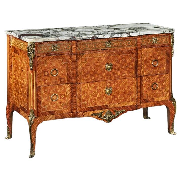 Late 19th Century Gilt Bronze Mounted Tulipwood and Kingwood Marble Topped Comm
