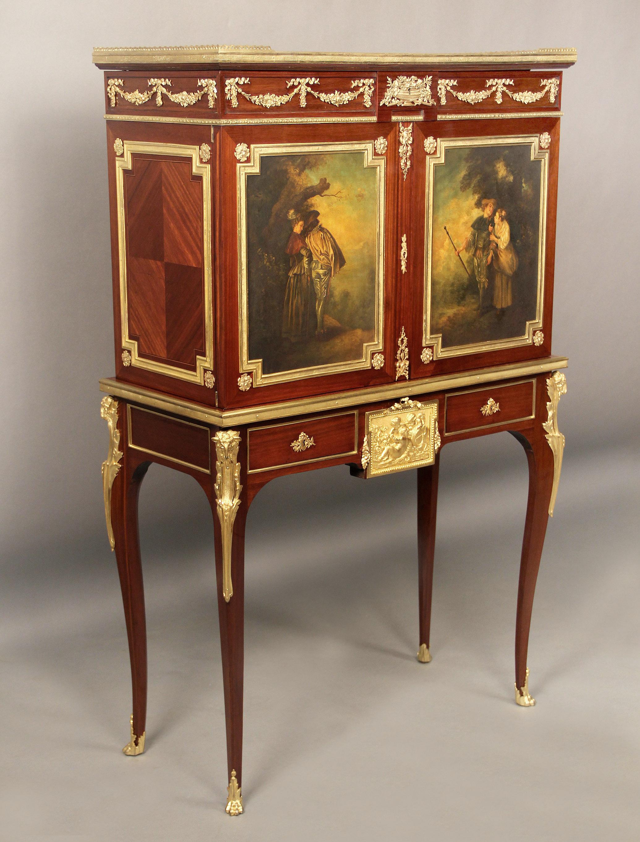 A fantastic quality late 19th century Louis XV style gilt bronze-mounted Vernis Martin cabinet

By Paul Sormani.

The upper tier of the cabinet with a pierced bronze gallery above two painted panels depicting love scenes, two drawers are