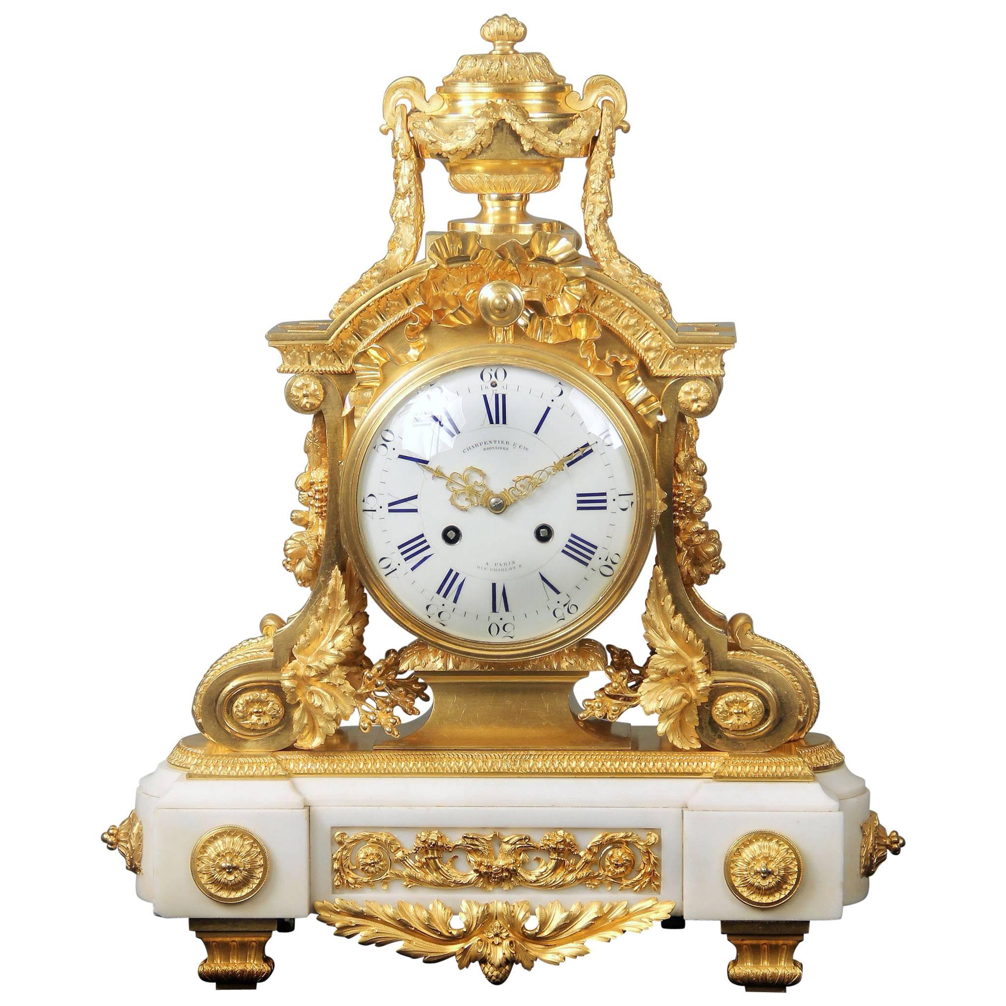 Late 19th Century Gilt Bronze Mounted White Marble Mantle Clock by Charpentier For Sale