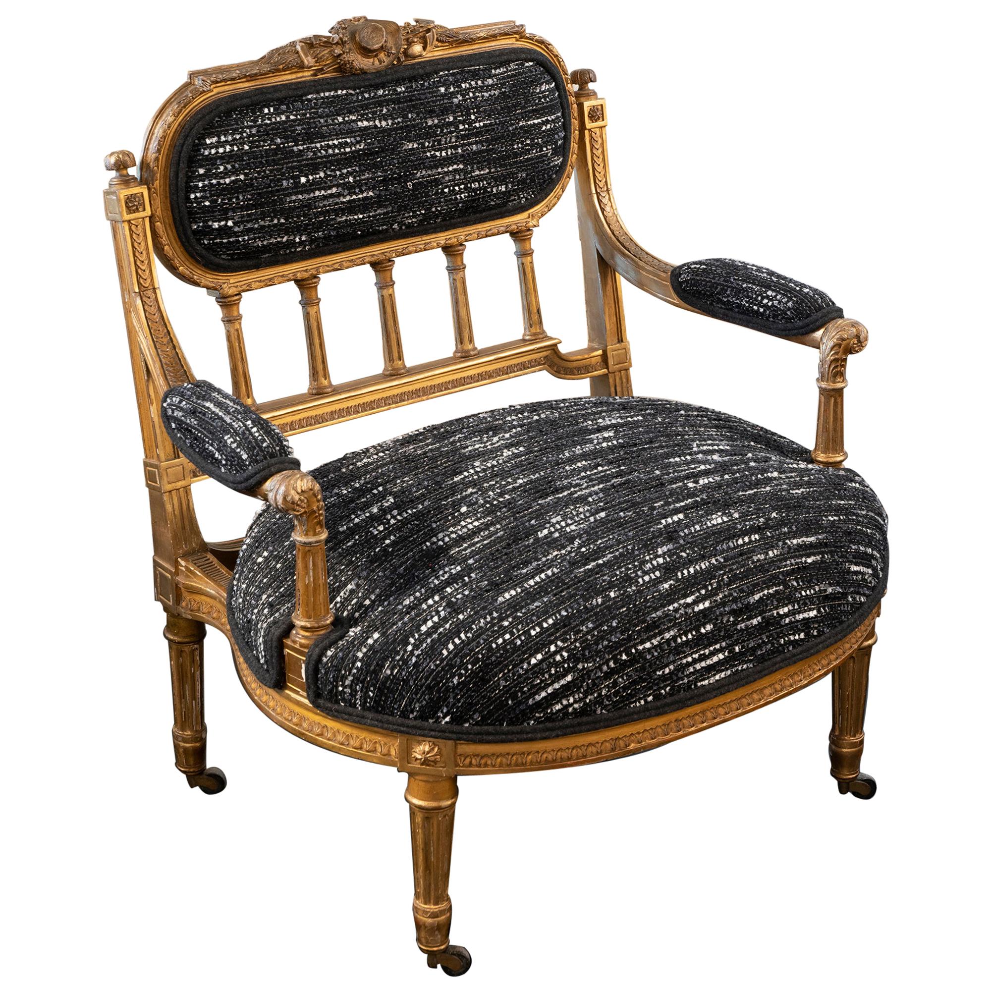 Late 19th Century Gilt Low Armchair Louis XV Style with Bouclé Fabric, France For Sale