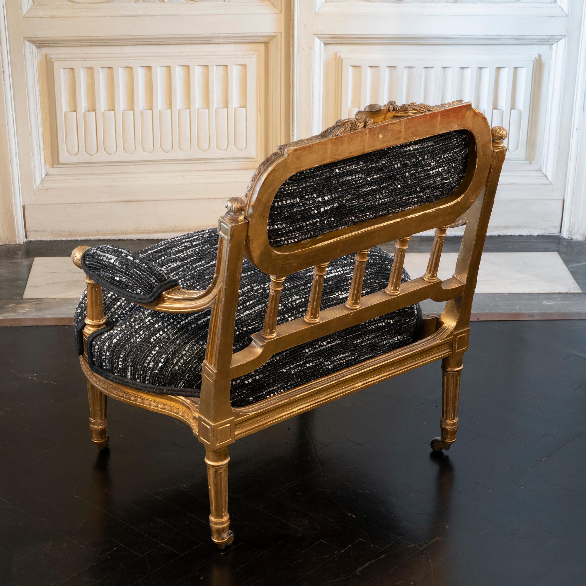 French Late 19th Century Gilt Low Armchair Louis XV Style with Bouclé Fabric, France For Sale