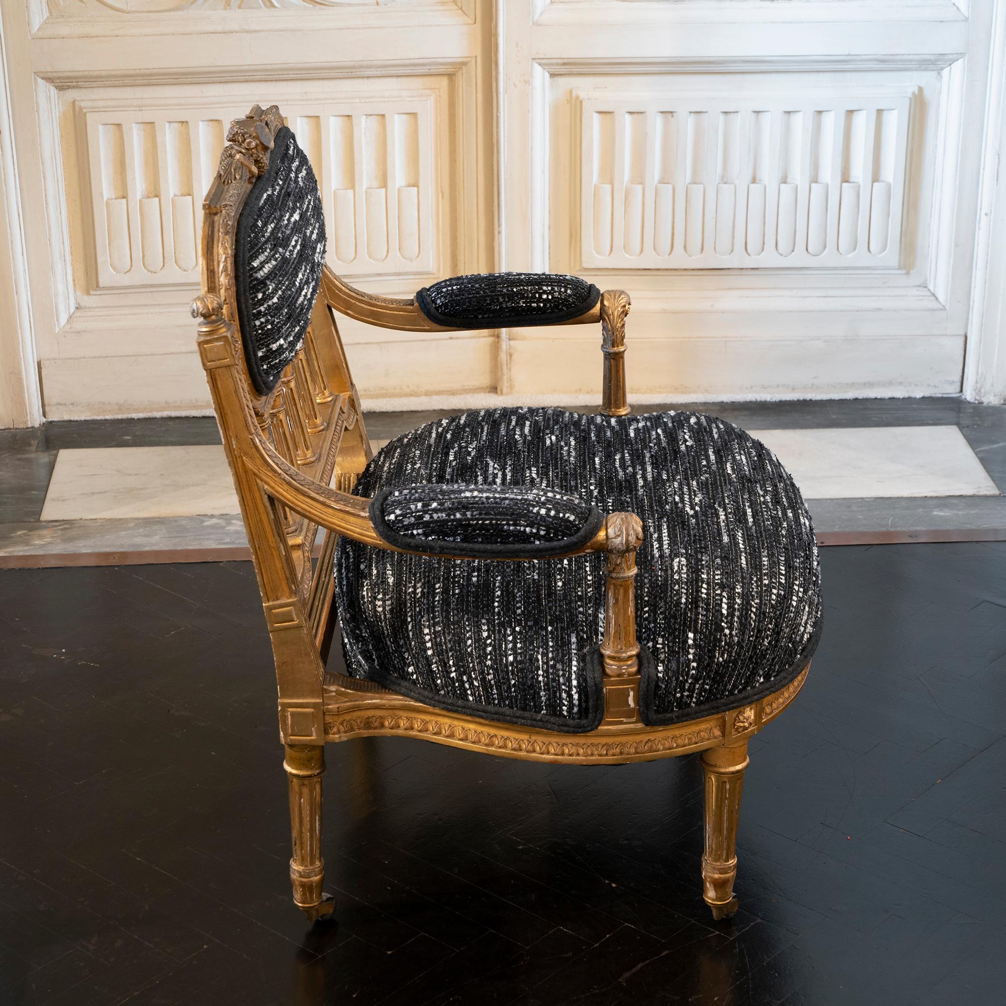 Brass Late 19th Century Gilt Low Armchair Louis XV Style with Bouclé Fabric, France For Sale