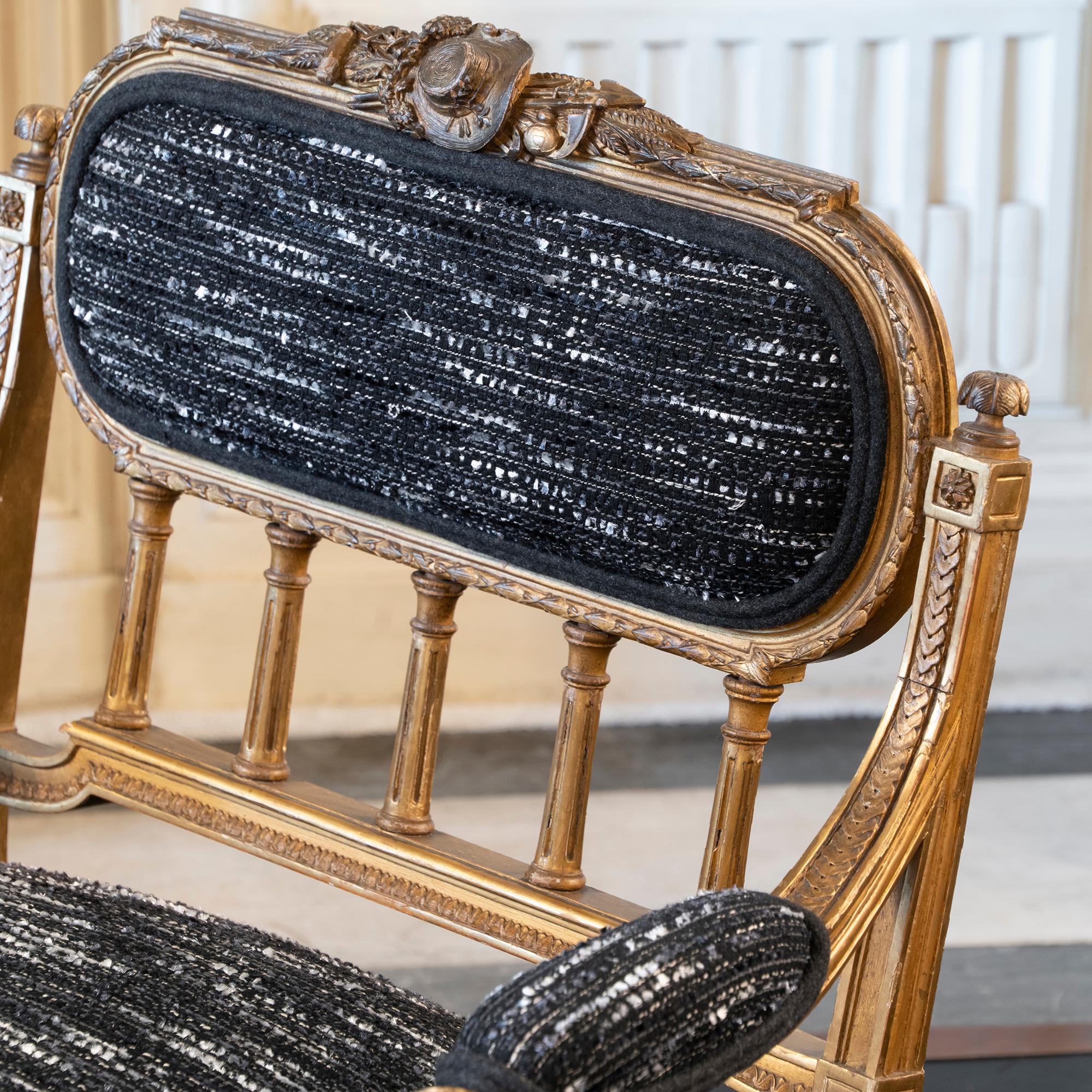 Late 19th Century Gilt Low Armchair Louis XV Style with Bouclé Fabric, France For Sale 1