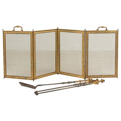 Antique Late 19th Century Gilt Metal Fireplace Screen with Tong and Shovel