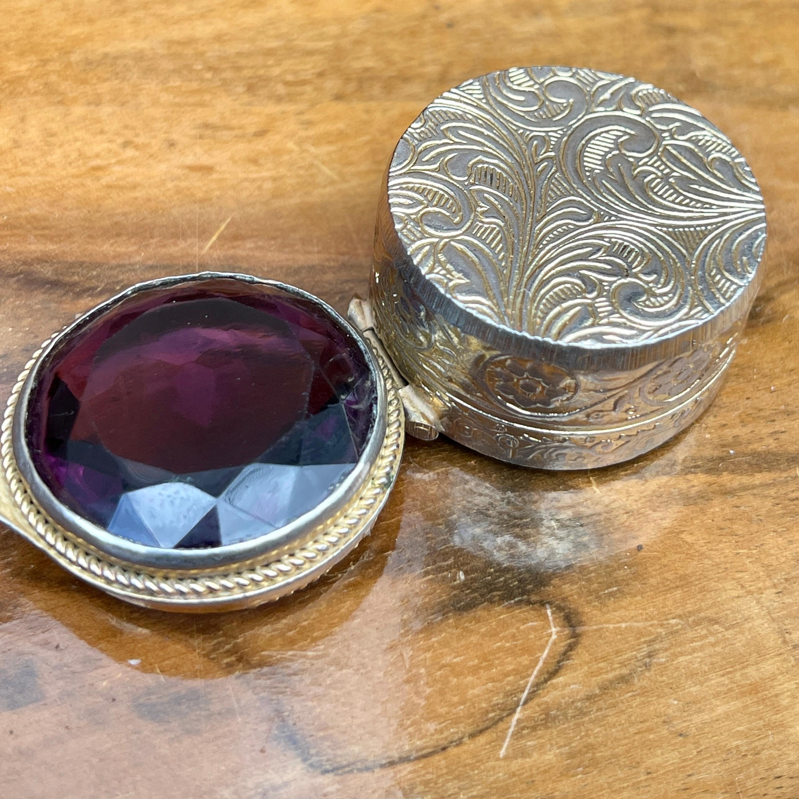 Late 19th Century Gilt Metal Pill Box with Beveled Burgundy Glass Top For Sale 2