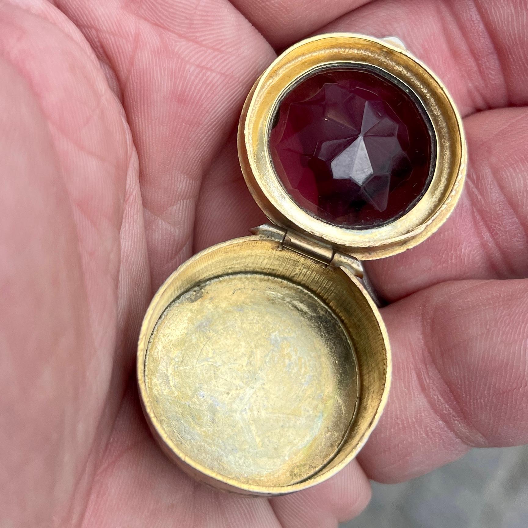 Late 19th Century Gilt Metal Pill Box with Beveled Burgundy Glass Top 6