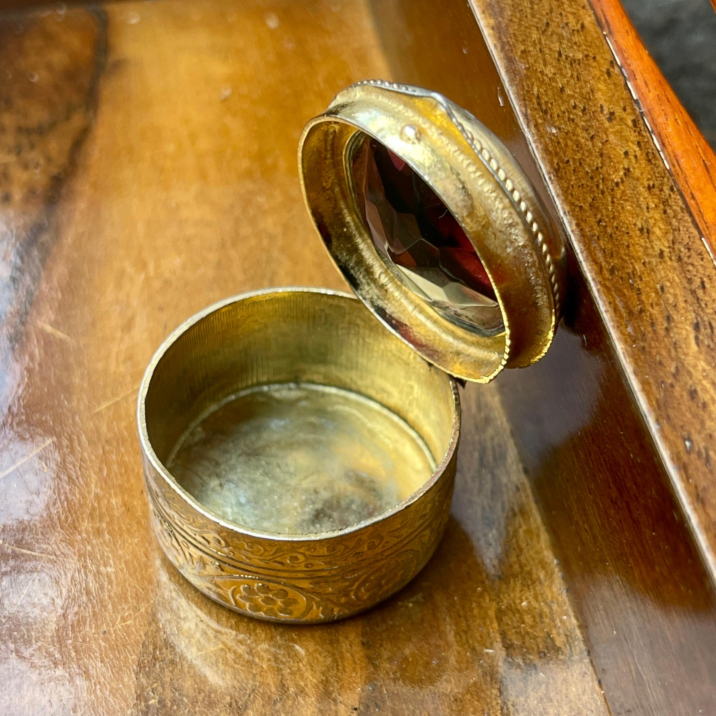 French Late 19th Century Gilt Metal Pill Box with Beveled Burgundy Glass Top For Sale