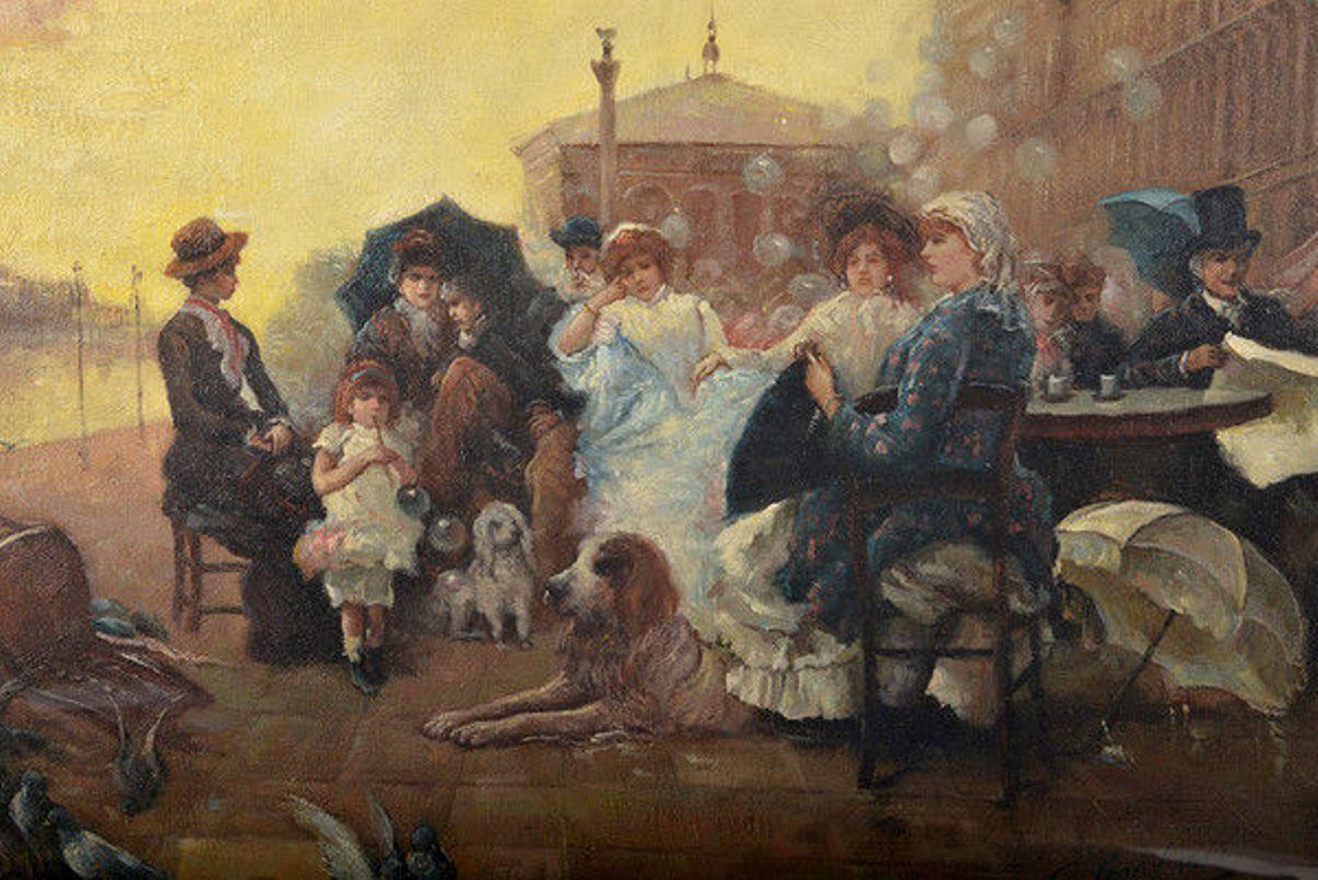 A signed oil on canvas depicting a lively street scene.
The whole in a giltwood frame.