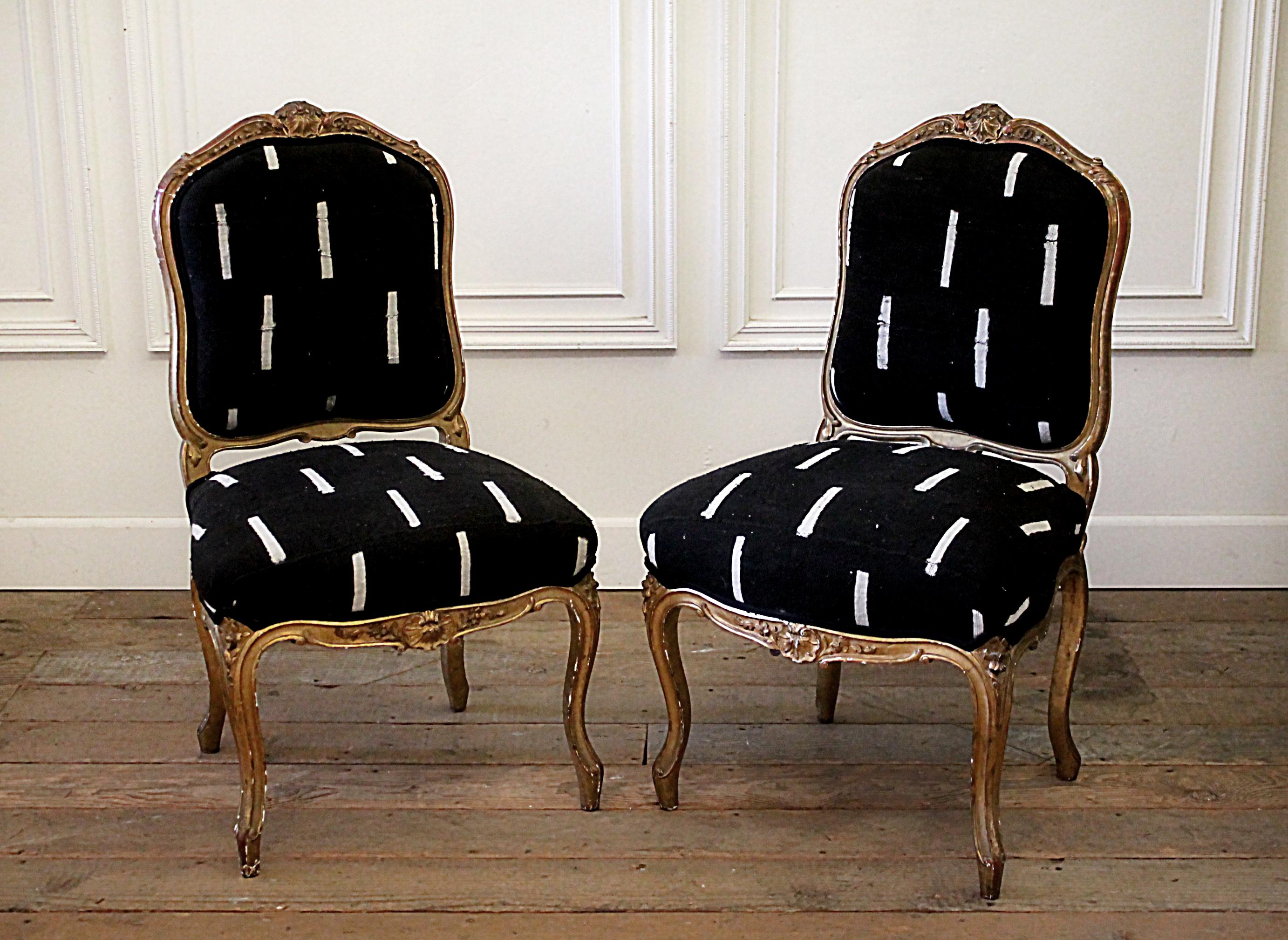 European Late 19th Century Giltwood Louis XV Style French Chairs in Vintage Upholstery