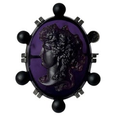 Late 19th Century Glass Cameo Brooch – Woman’s Profile on Purple Background