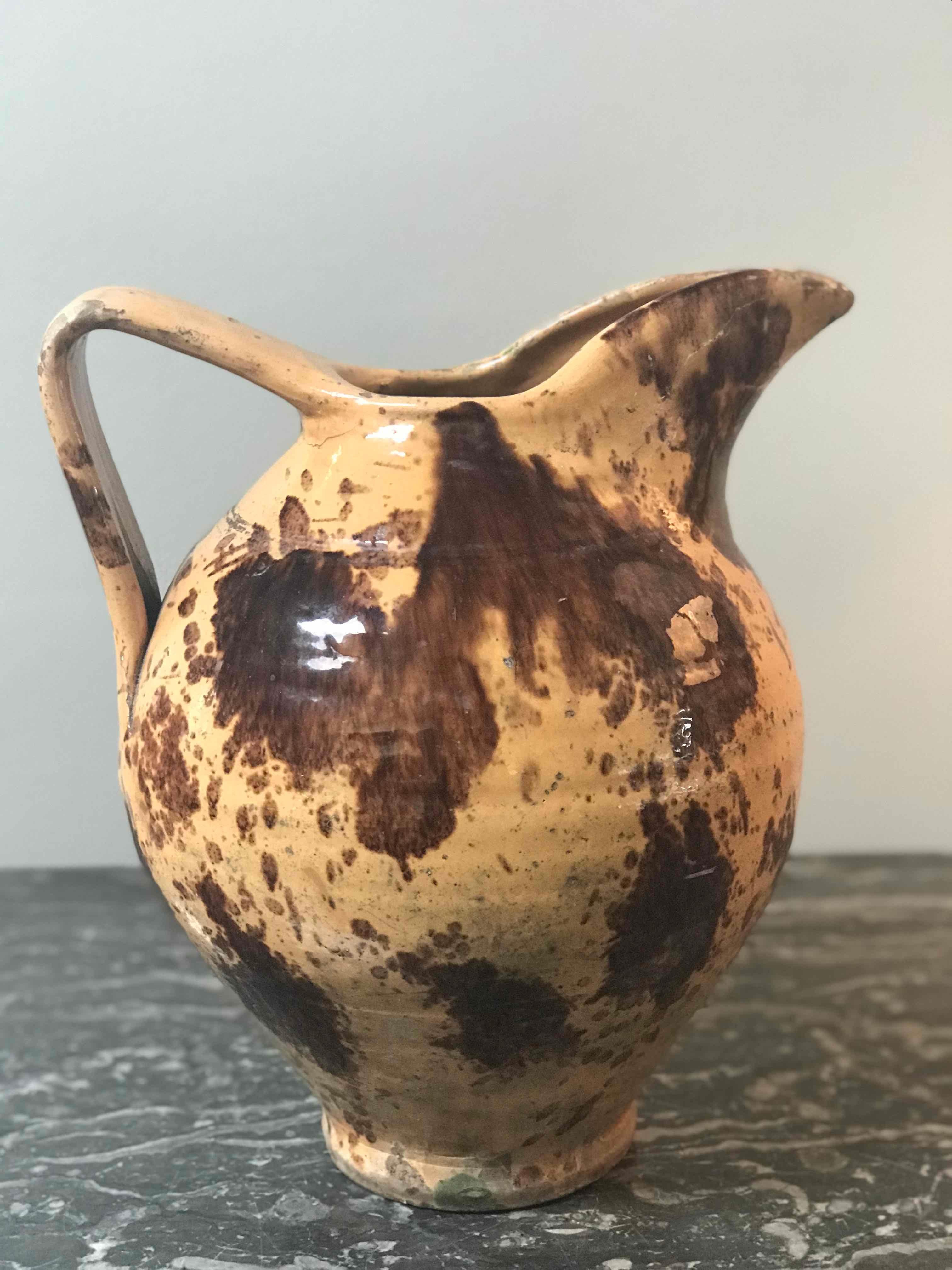 Late 19th Century Glazed Yellow and Brown Pitcher Pot from France In Good Condition In Los Angeles, CA