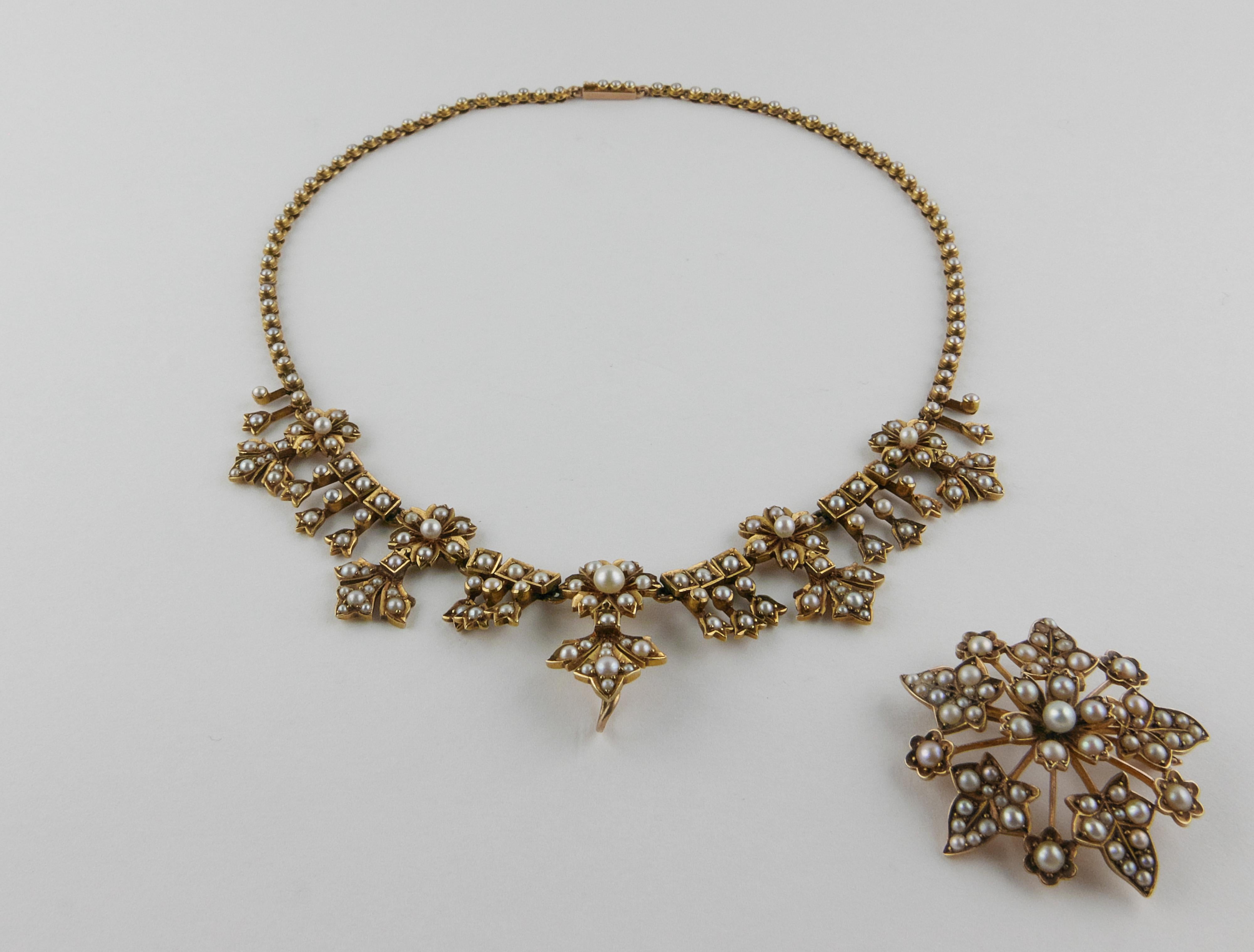A lovely example of a 19th century piece of jewelry dating circa 1860. This delicate antique Necklace with a pendant Brooch  are finely made in 15 karat Yellow Gold with exquisite extra details encompassed. The Necklace and the pendant Brooch are