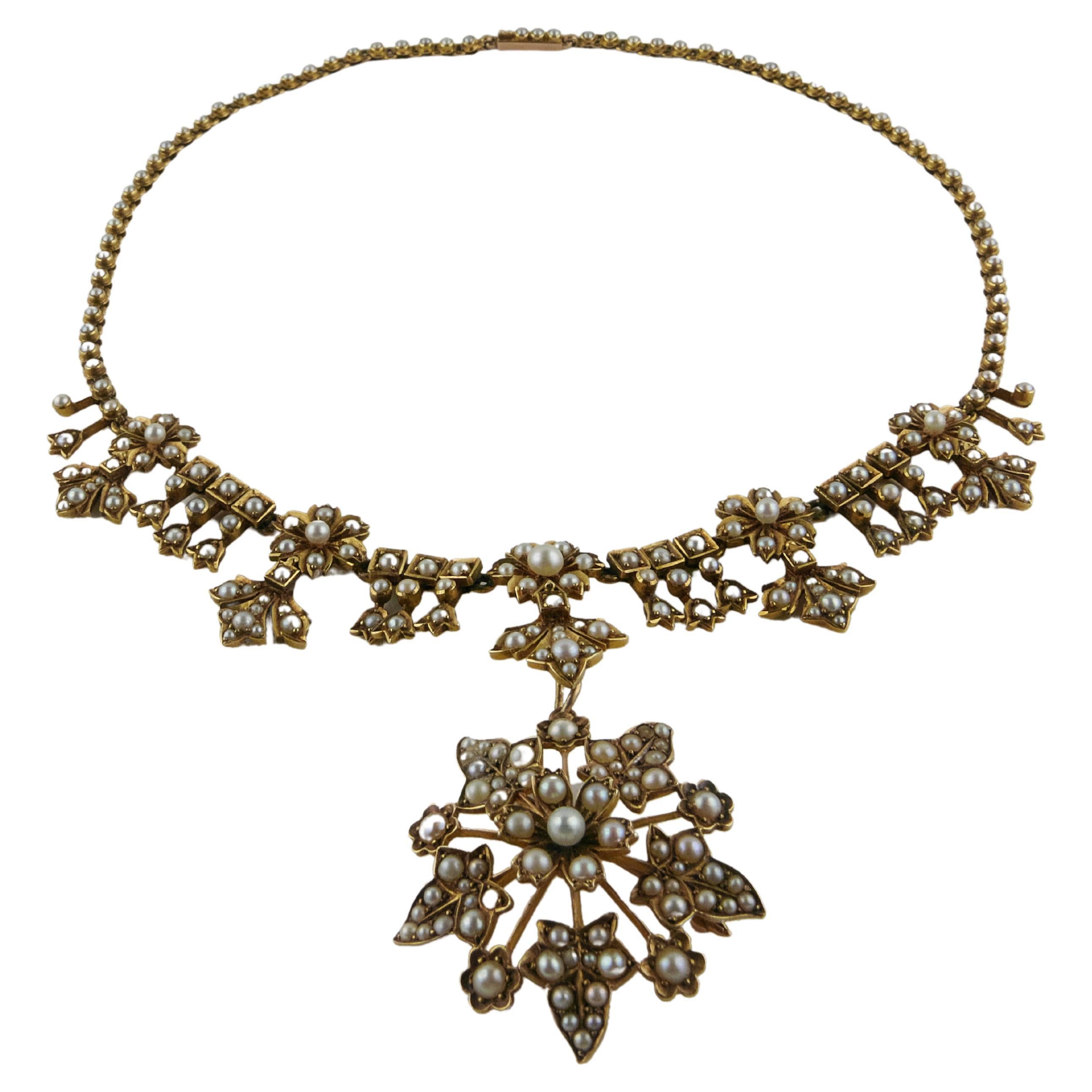 Late 19th Century Gold and Pearls Necklace and Pendant For Sale