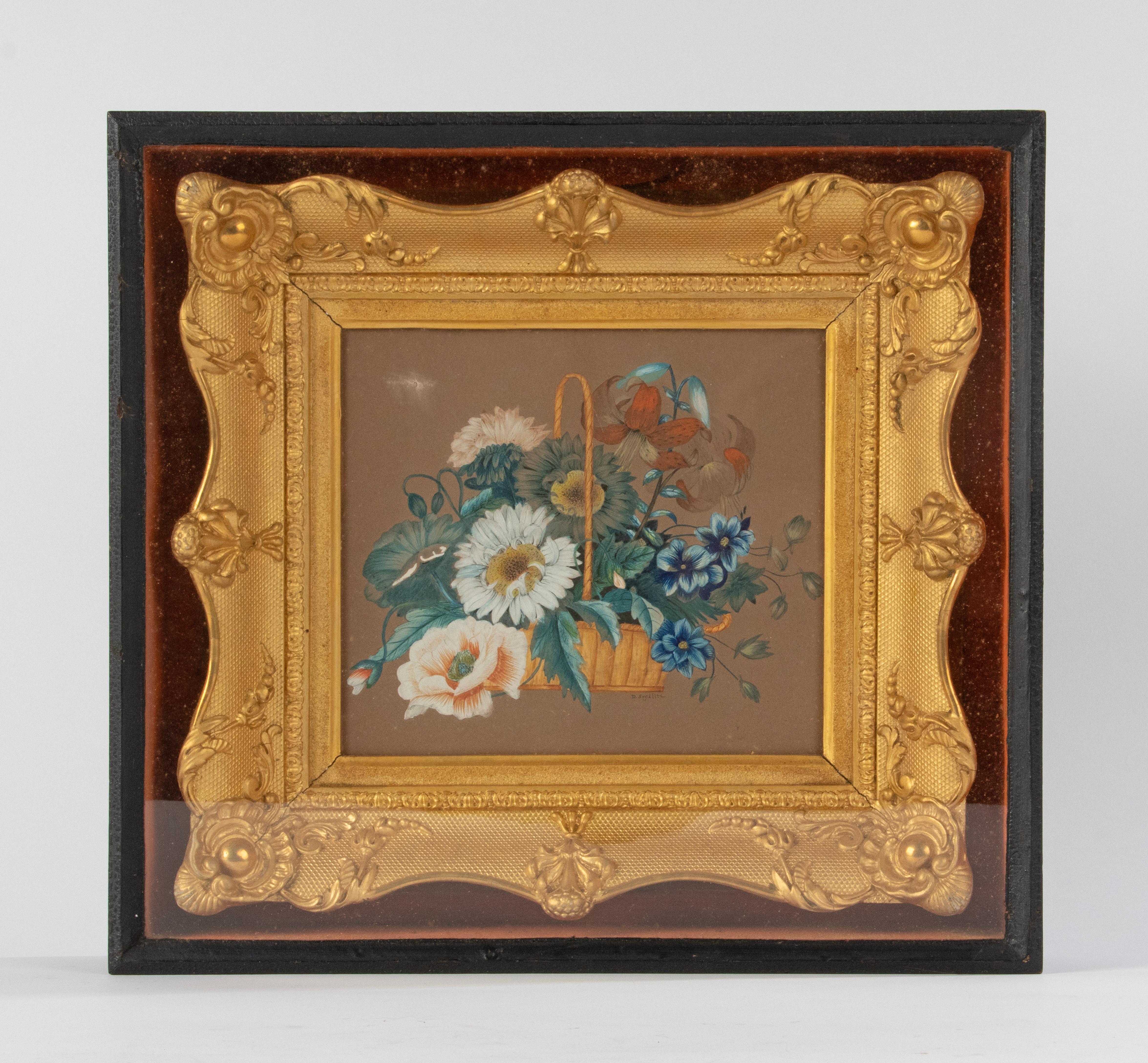 An antique gouache (watercolor) painting of a basket with flowers, painted on paper. Signed right under; D. Seydlitz. Origin unclear, probably Belgium, around 1870-1880. In a gold leaf gilded frame in French Règence style. The whole is in a pinewood