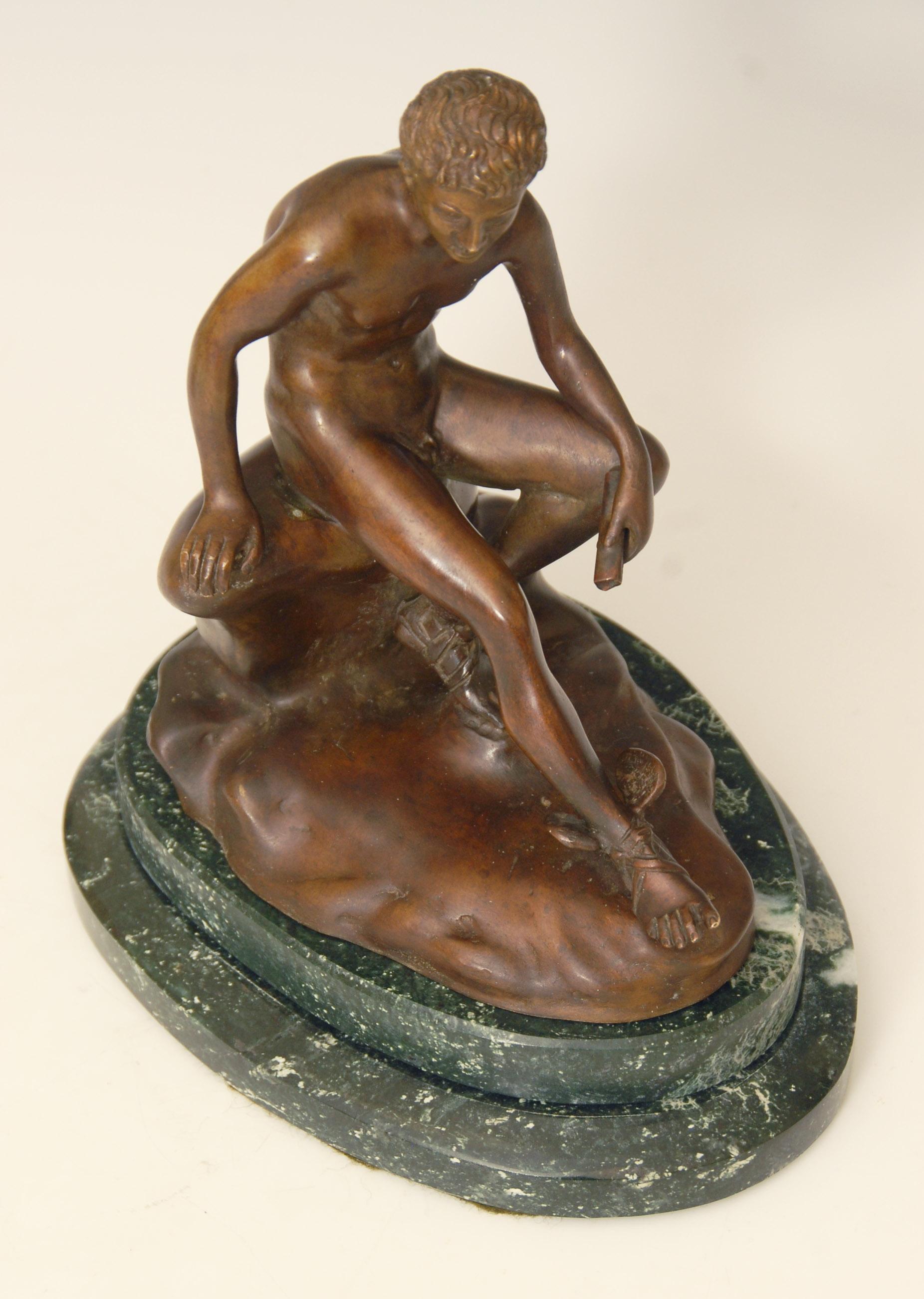 A superb Italian bronze circa 1890, of Hermes seated at rest on a green marble base.
Inscribed by the Chiurazzi Napoli foundry.
The original ancient Seated Hermes is now at the National Archaeological Museum of Naples and was found at the Villa of